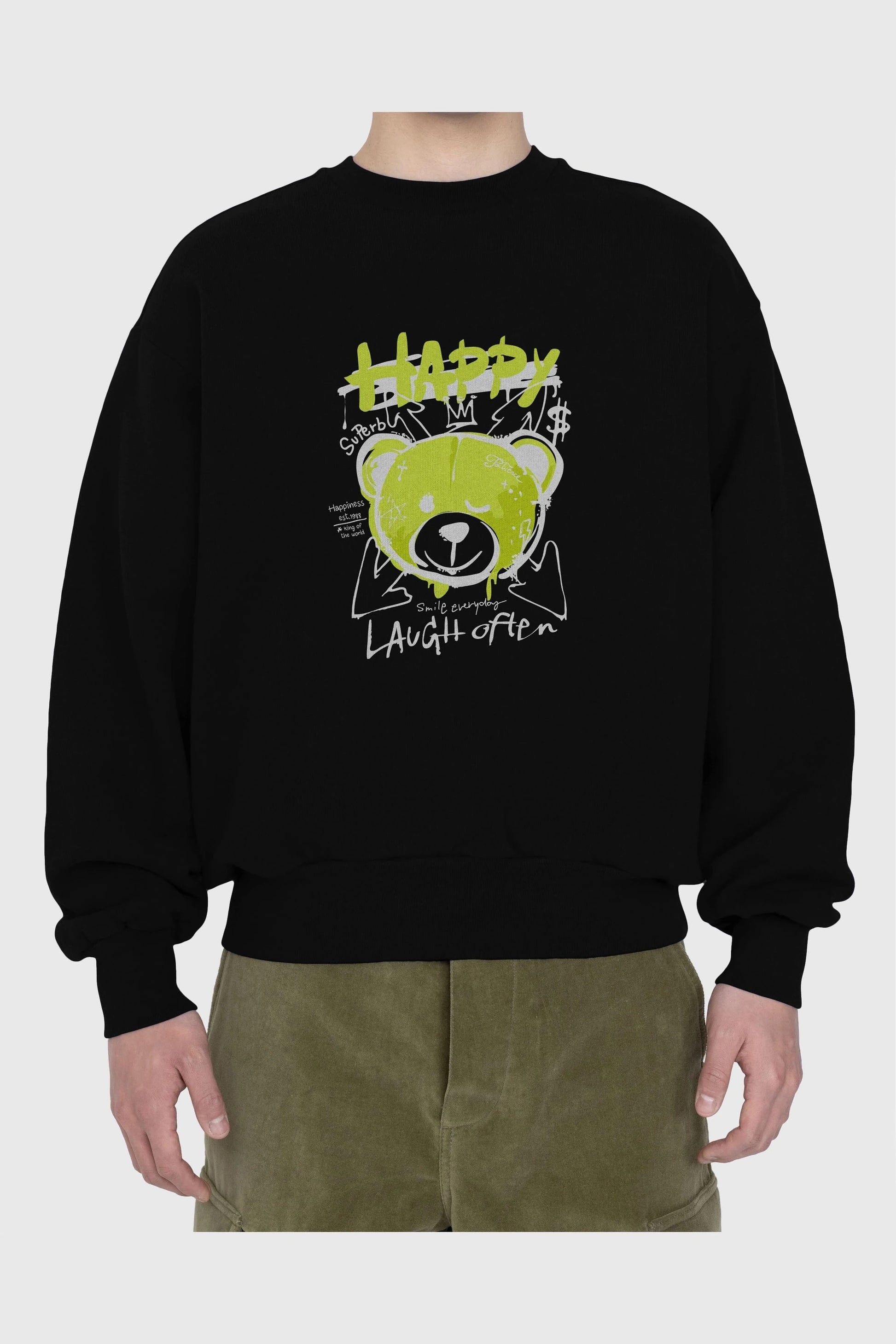 Happy Bear Ön Baskılı Oversize Sweatshirt Erkek Kadın Unisex
