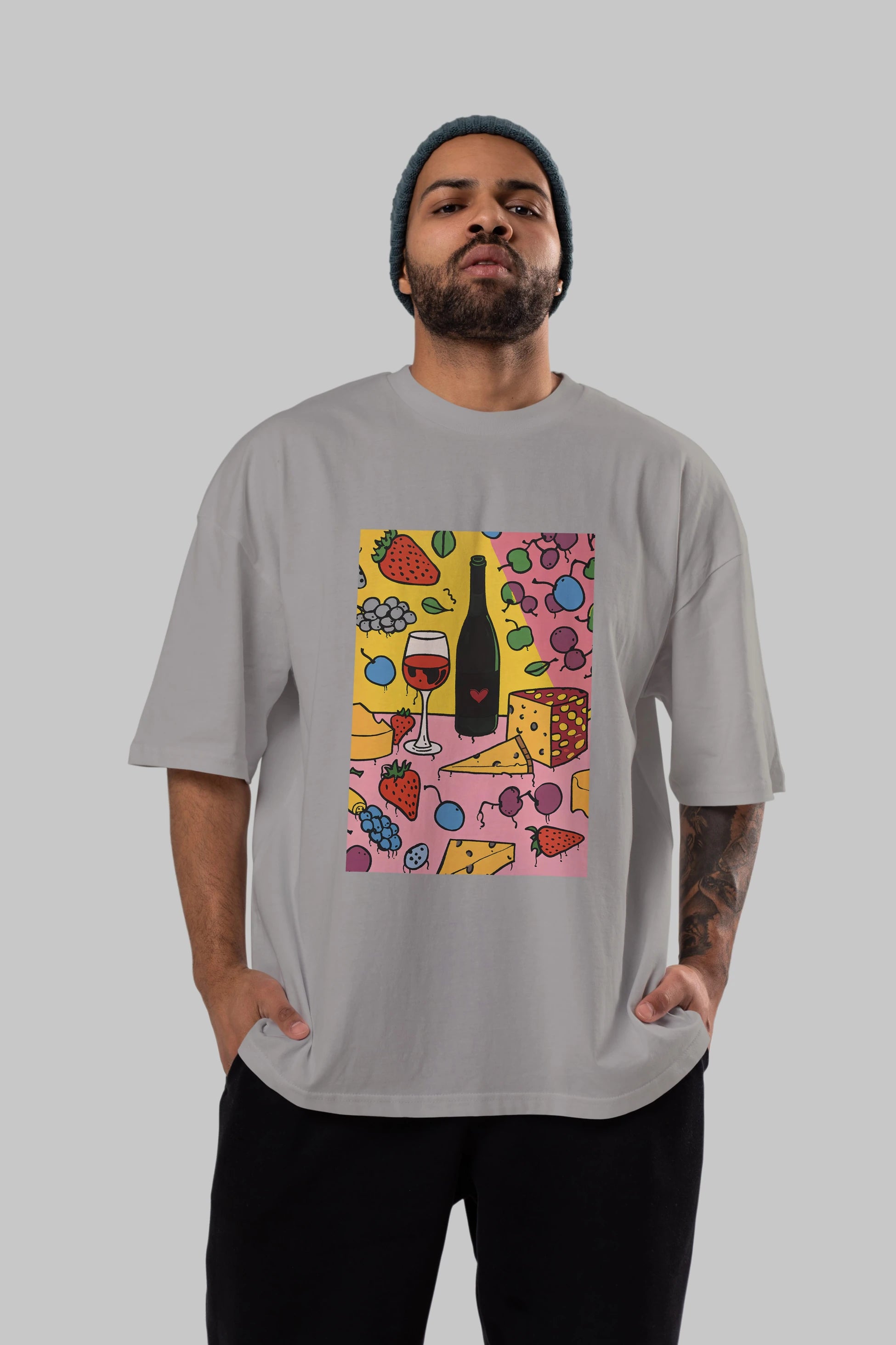 Wine Cheese Fruits Ön Baskılı Oversize t-shirt Erkek Kadın Unisex %100 Pamuk Bisiklet Yaka tişort