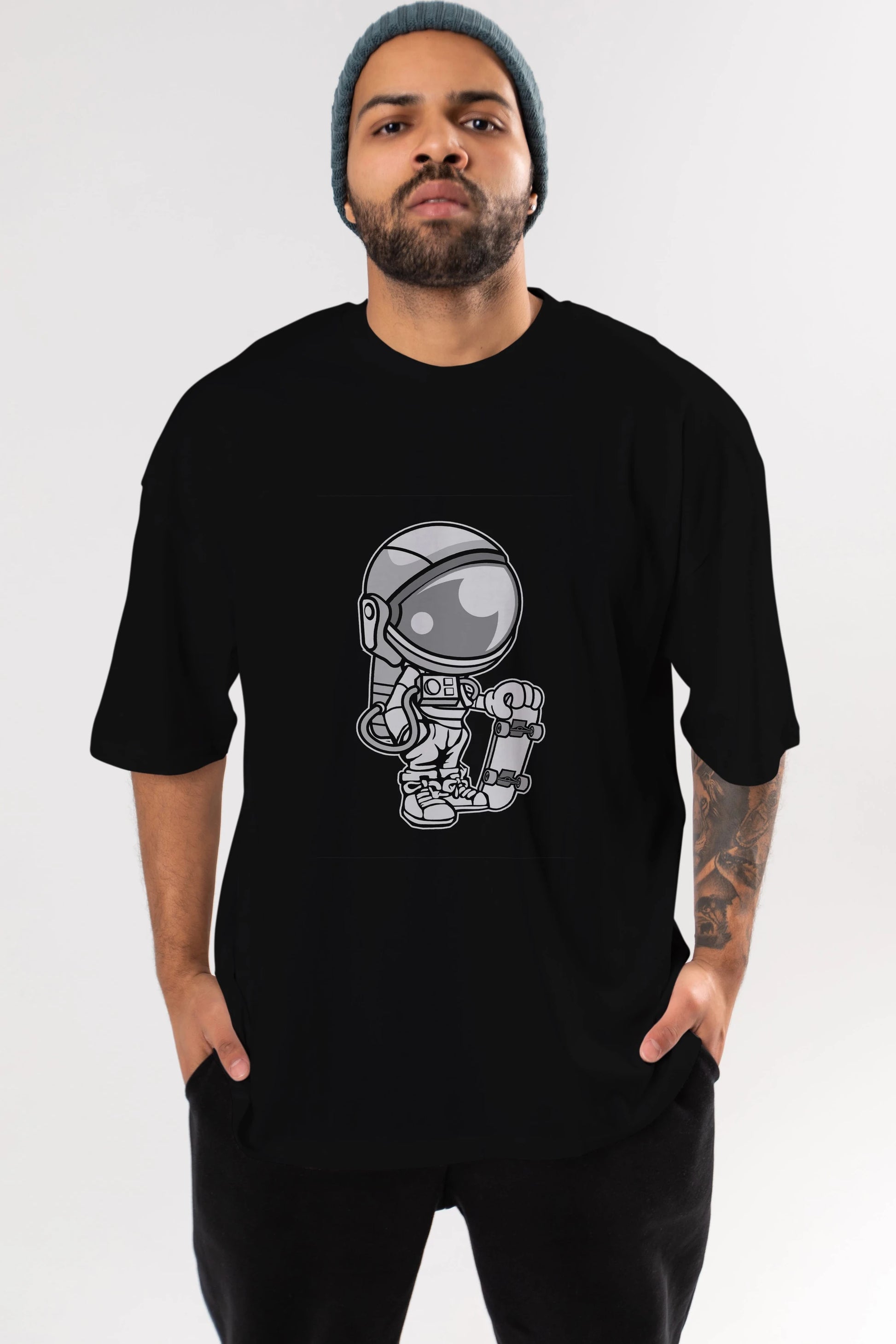Astronaut Skaterboy Ön Baskılı Oversize t-shirt Erkek Kadın Unisex %100 Pamuk tişort