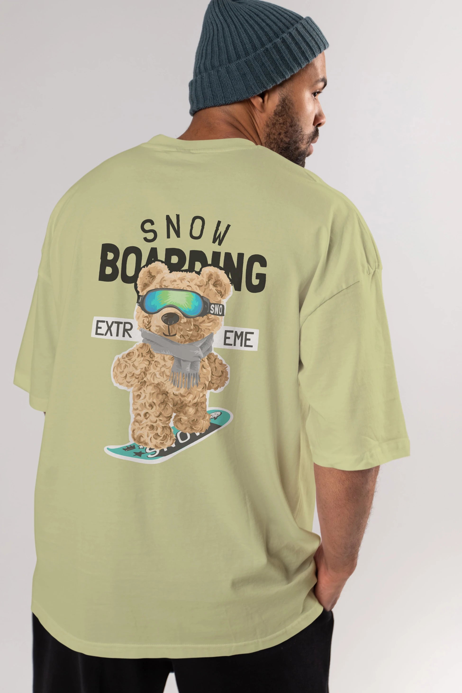Teddy Bear Snow Boarding Arka Baskılı Oversize t-shirt Erkek Kadın Unisex %100 Pamuk