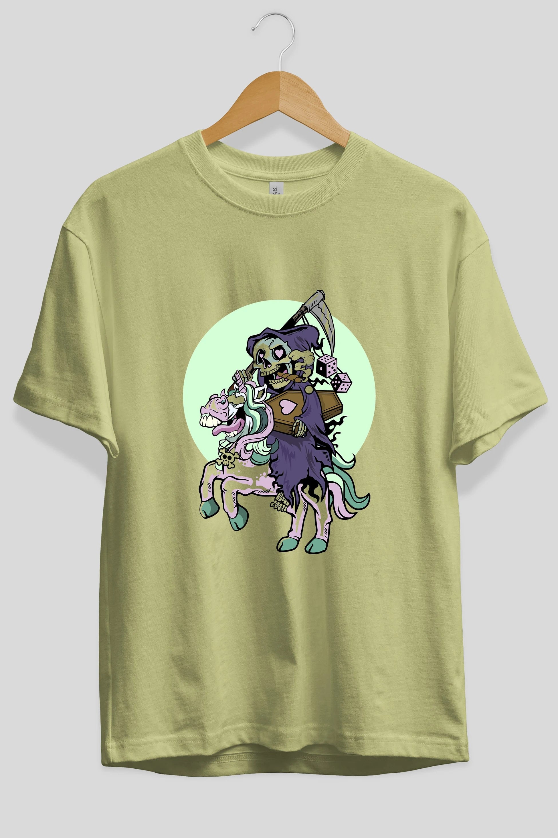 Grim Reaper Riding Unicorn Ön Baskılı Oversize t-shirt Erkek Kadın Unisex %100 Pamuk tişort