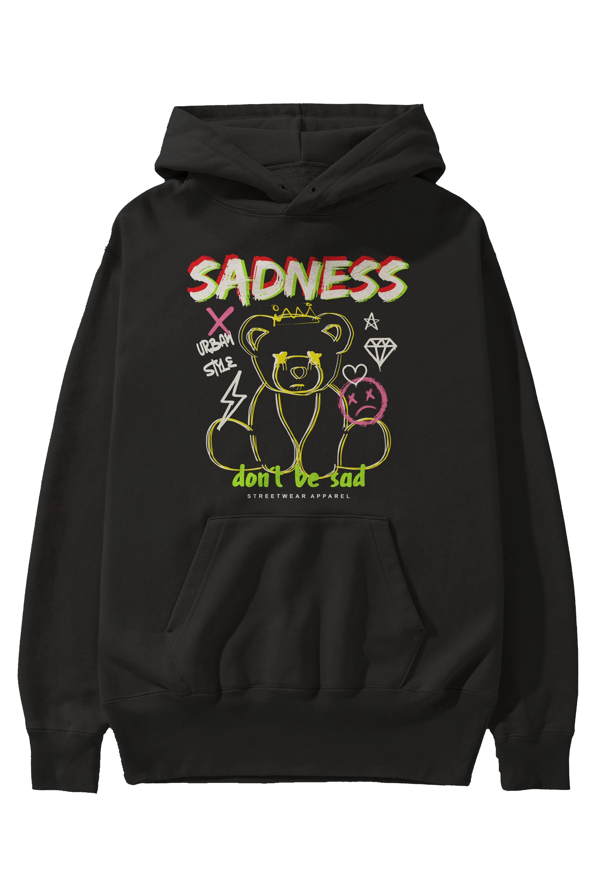 Teddy Bear Sadness Ön Baskılı Hoodie Oversize Kapüşonlu Sweatshirt Erkek Kadın Unisex