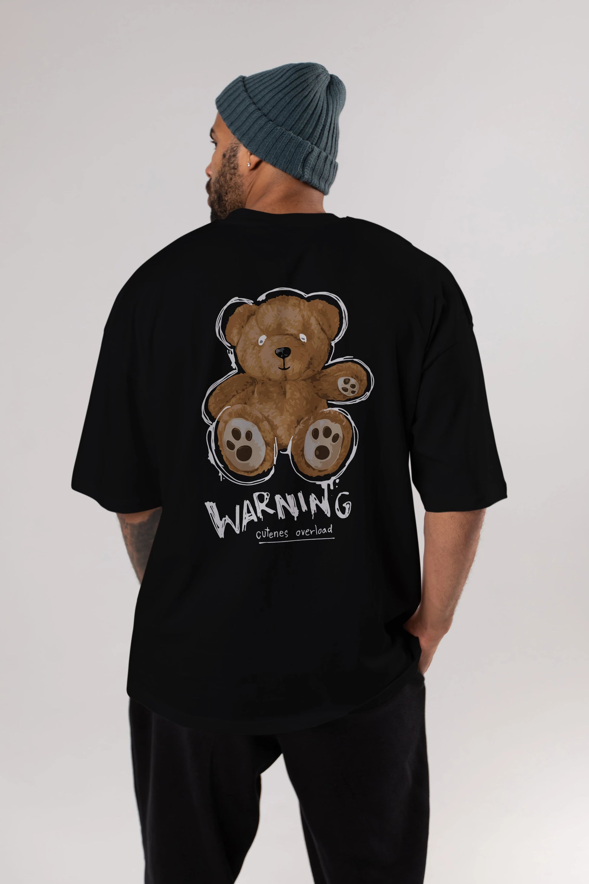 Warning Cuteness Bear Arka Baskılı Oversize t-shirt Erkek Kadın Unisex