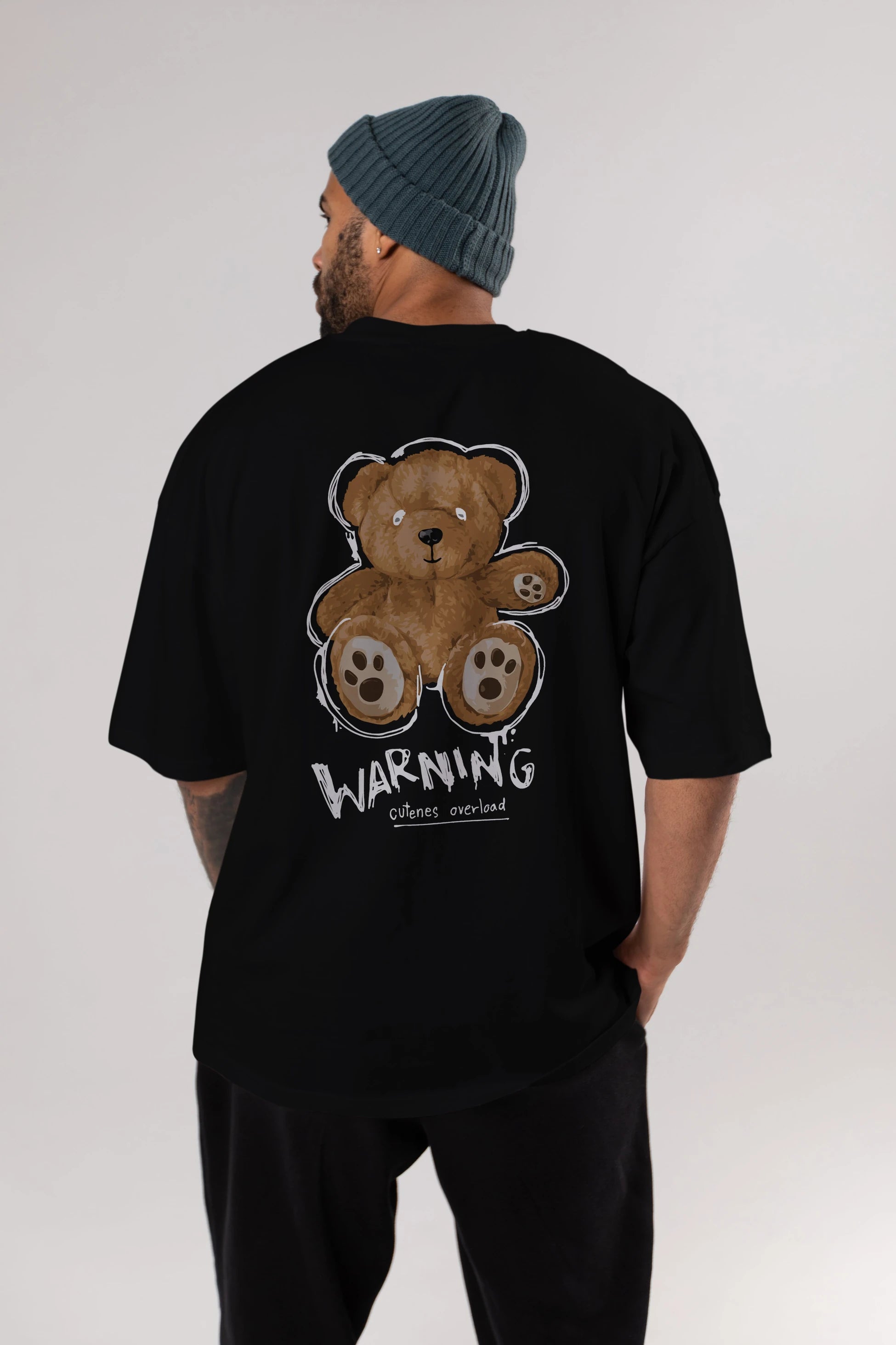 Warning Cuteness Bear Arka Baskılı Oversize t-shirt Erkek Kadın Unisex