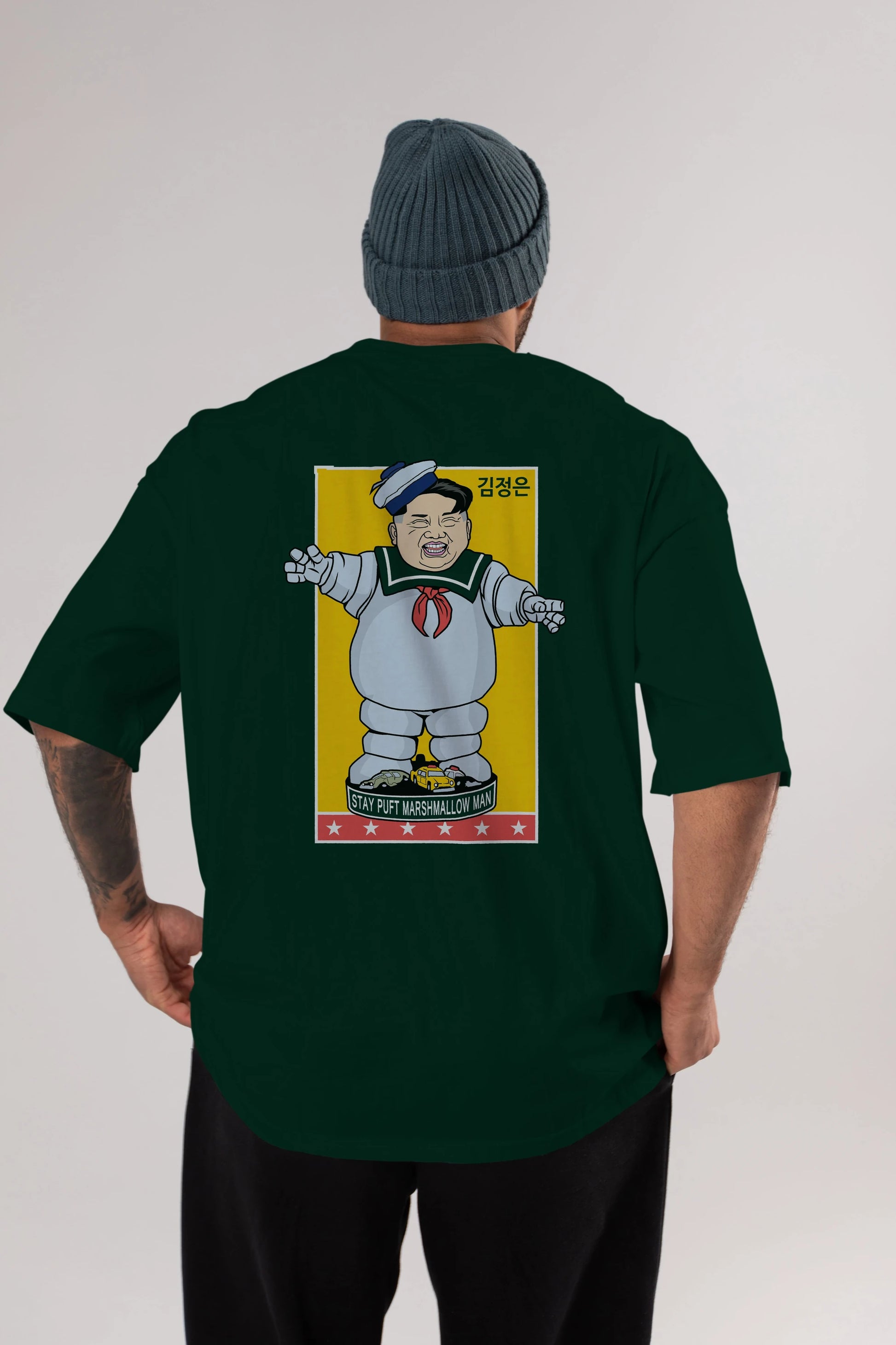 Stay Puft Jong Un Arka Baskılı Oversize t-shirt Erkek Kadın Unisex %100 Pamuk tişort