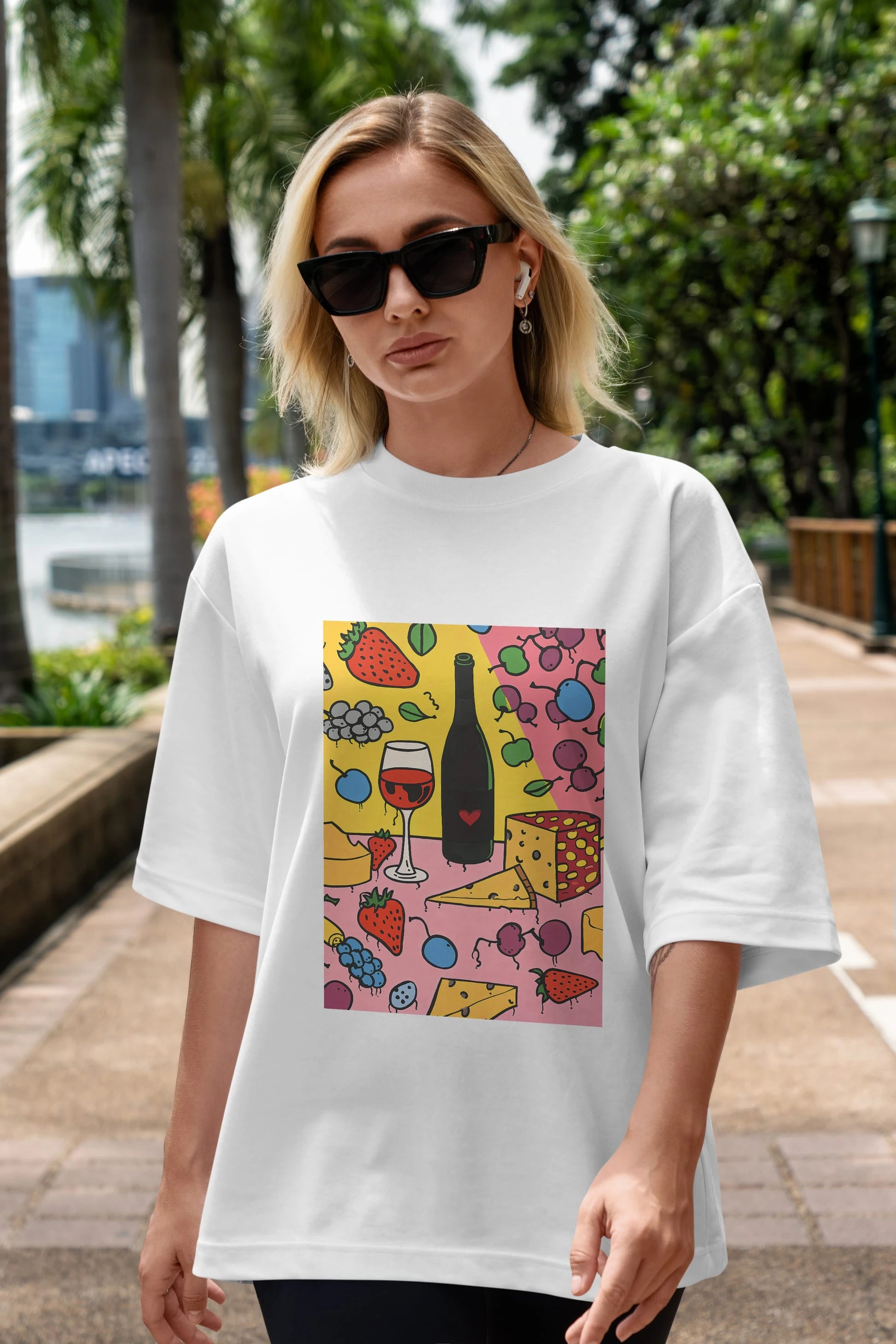 Wine Cheese Fruits Ön Baskılı Oversize t-shirt Erkek Kadın Unisex %100 Pamuk Bisiklet Yaka tişort
