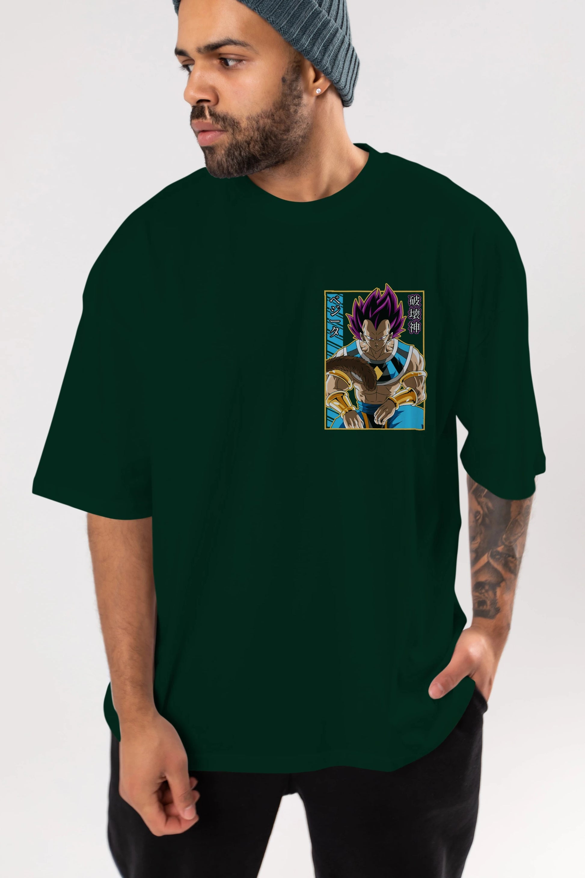 DragonBall VegetaHakaishin Ön Sol Baskılı Oversize t-shirt Erkek Kadın Unisex %100 Pamuk Bisiklet Yaka tişort