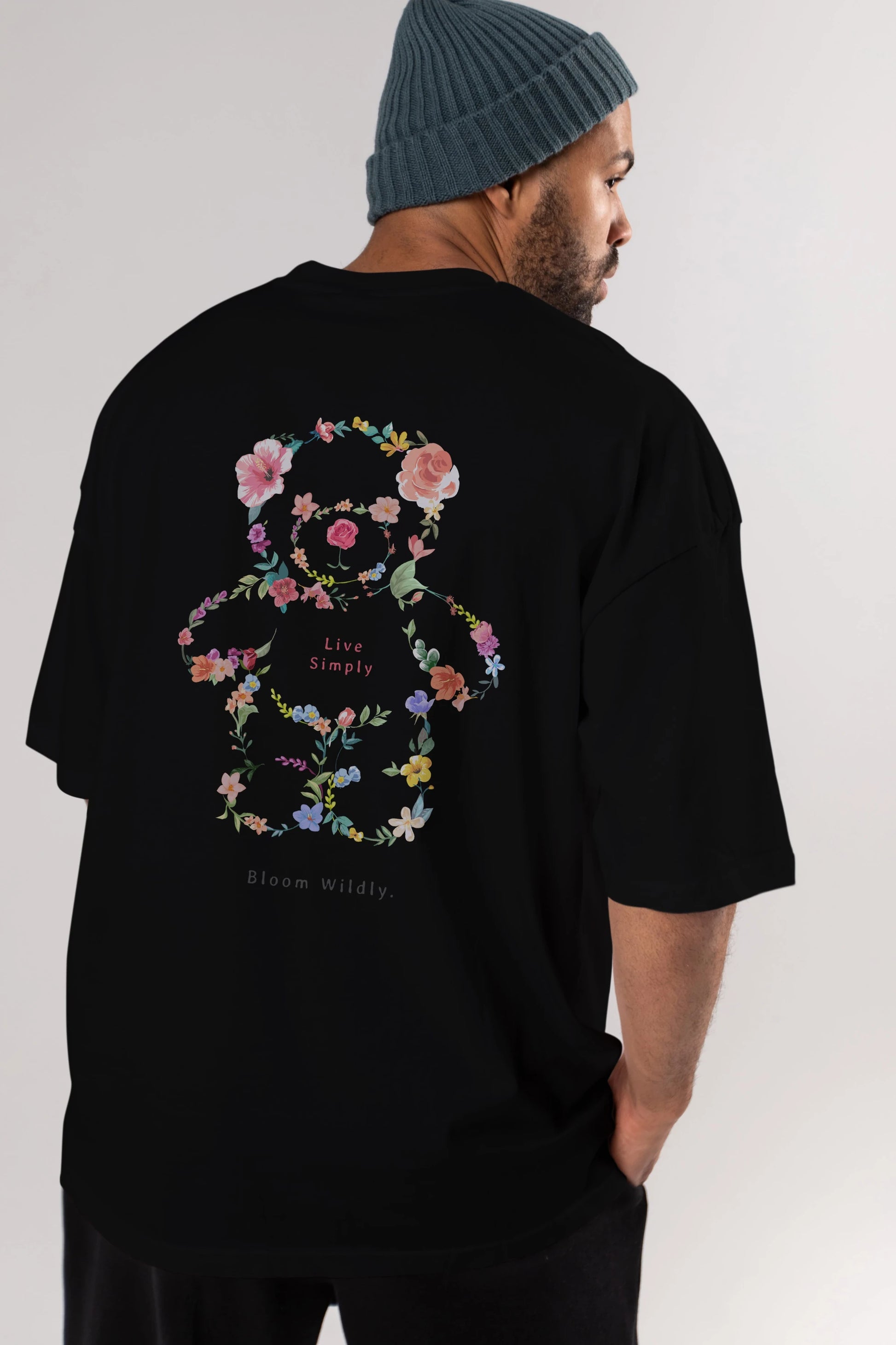Teddy Bear Flowers Arka Baskılı Oversize t-shirt Erkek Kadın Unisex