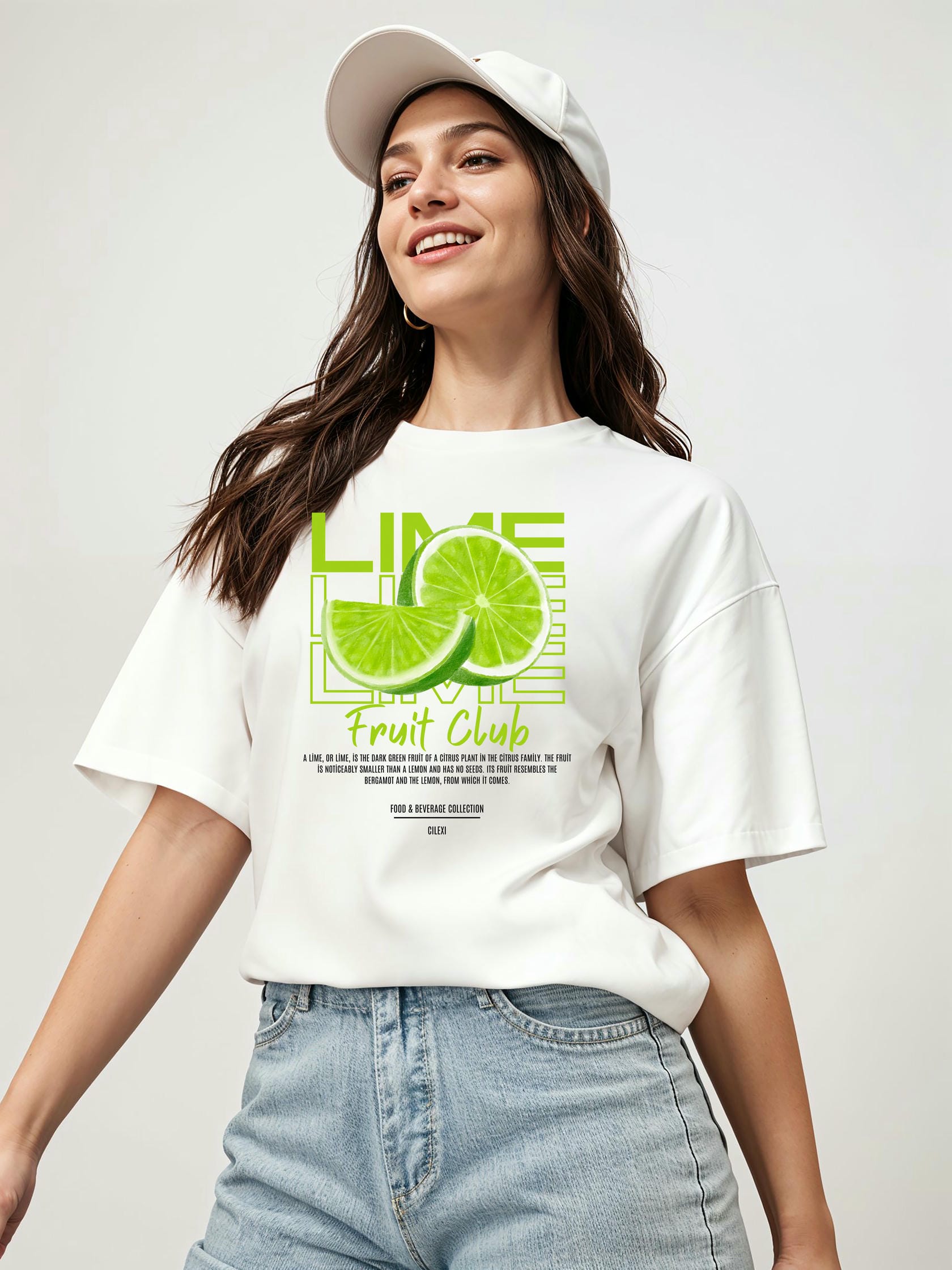 Lime Ön Baskılı Oversize t-shirt Erkek Kadın Pamuk Bisiklet Yaka tişort