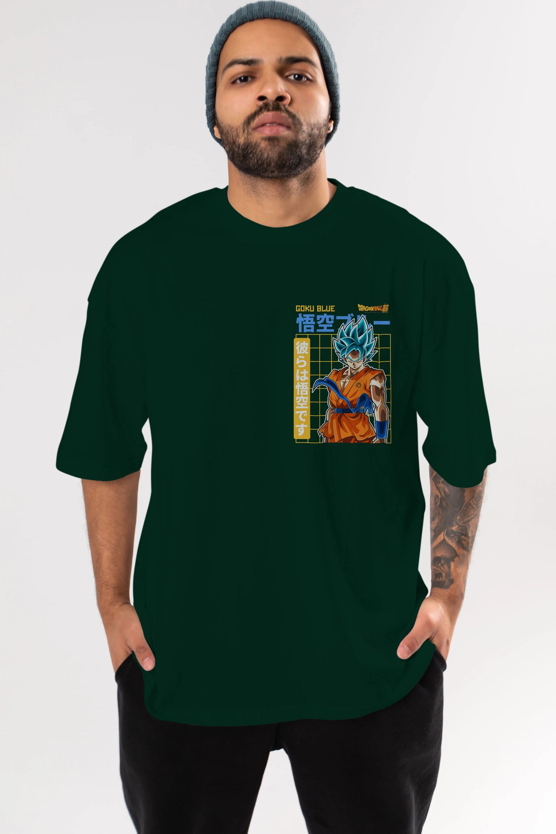 GOKU 1 Ön Sol Baskılı Oversize t-shirt Erkek Kadın Unisex %100 Pamuk Bisiklet Yaka tişort