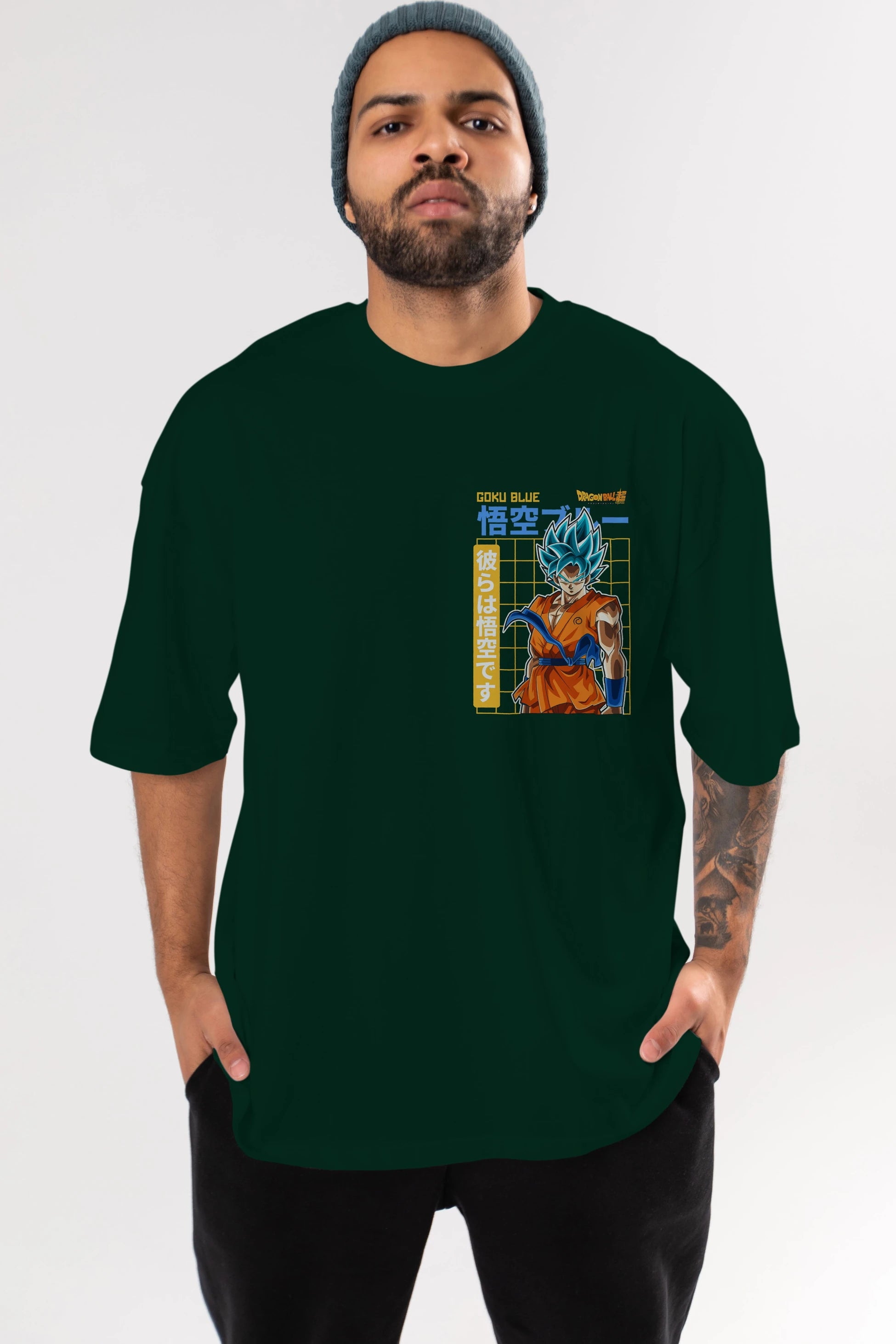 GOKU 1 Ön Sol Baskılı Oversize t-shirt Erkek Kadın Unisex %100 Pamuk Bisiklet Yaka tişort