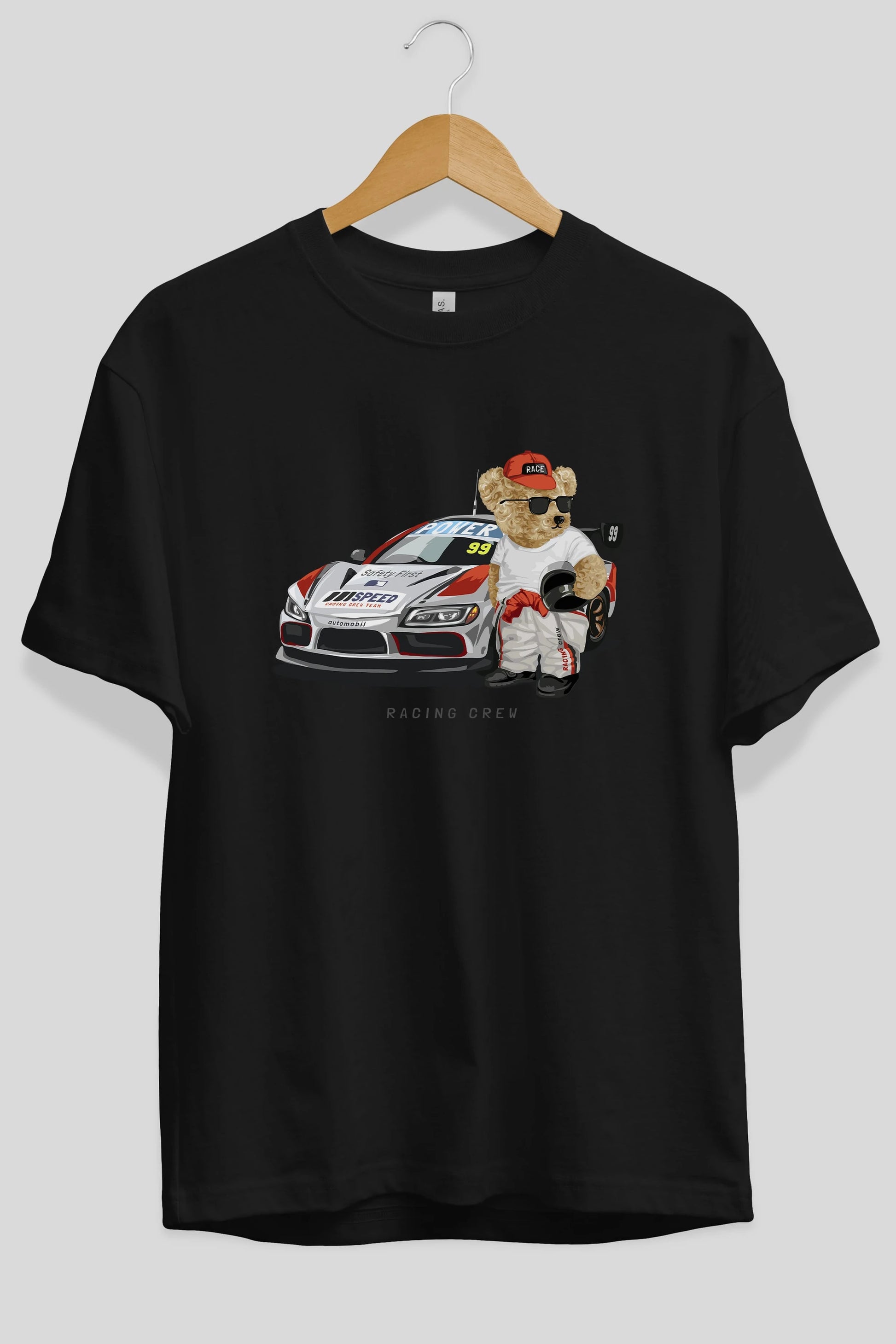 Teddy Bear Racing Crew Ön Baskılı Oversize t-shirt Erkek Kadın Unisex %100 Pamuk