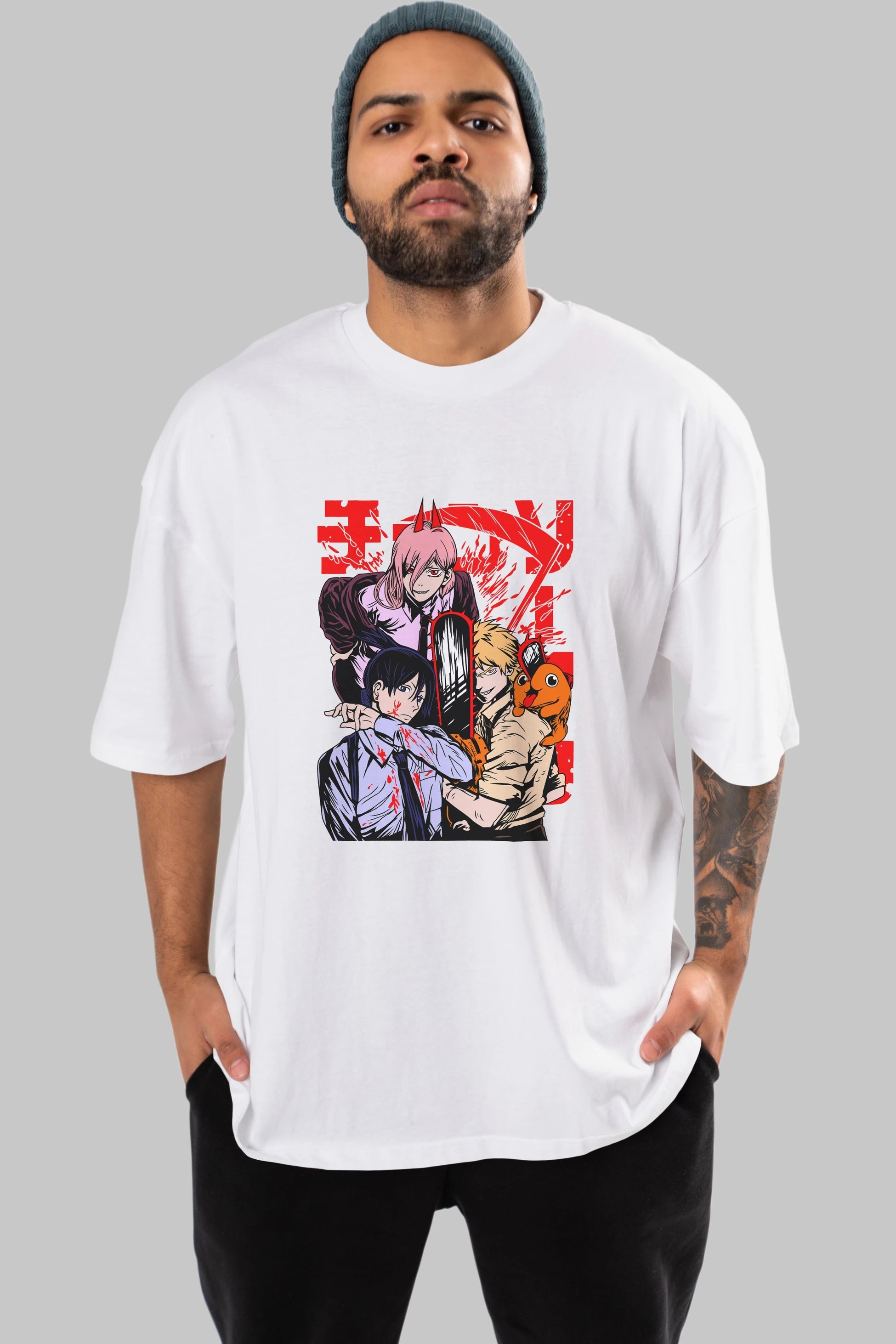 CHAINSAWMAN CREW Anime Ön Baskılı Oversize t-shirt %100 pamuk Erkek Kadın Unisex