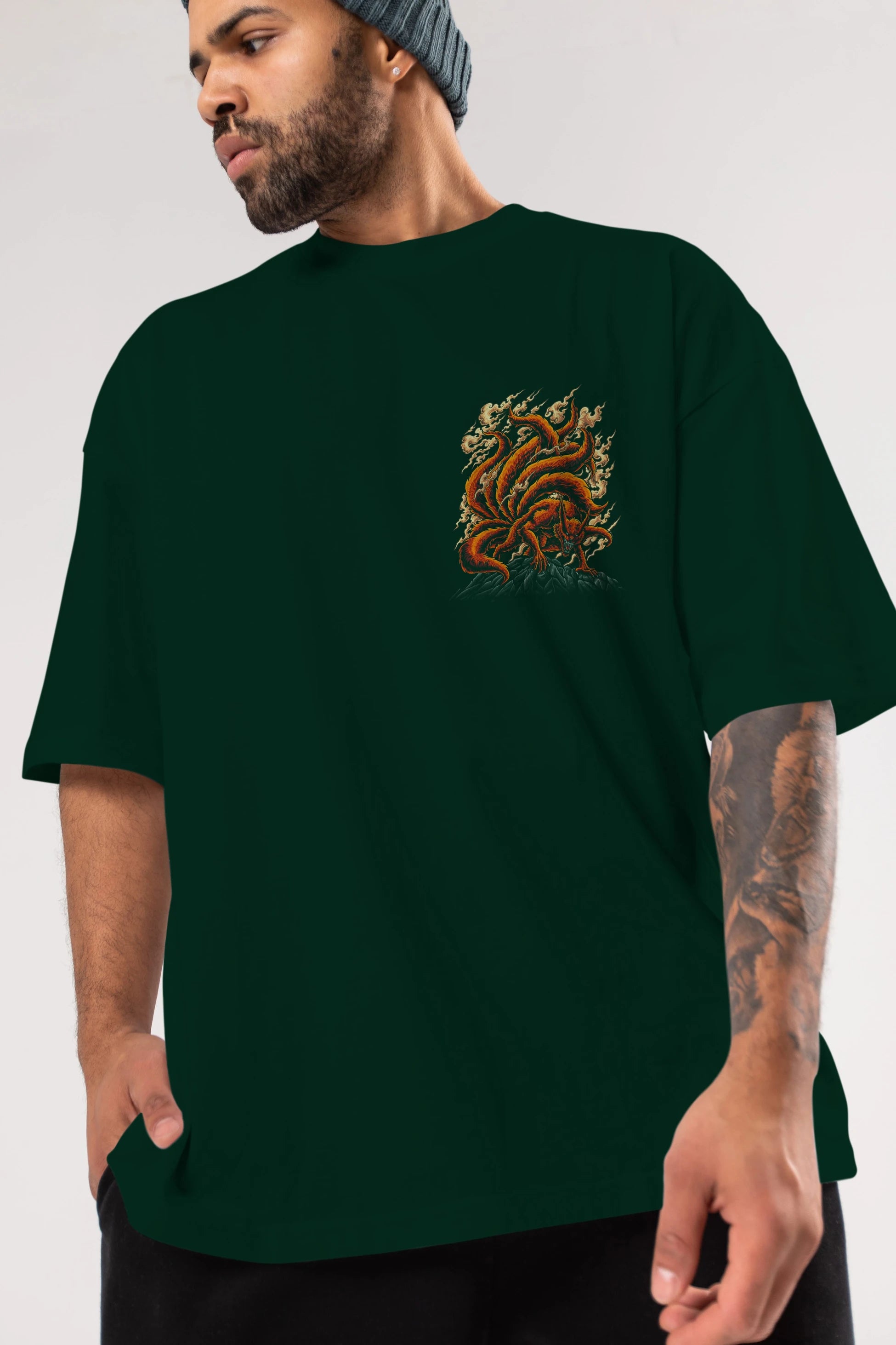 NARUTO KYUUBI Ön Sol Baskılı Oversize t-shirt Erkek Kadın Unisex %100 Pamuk Bisiklet Yaka tişort