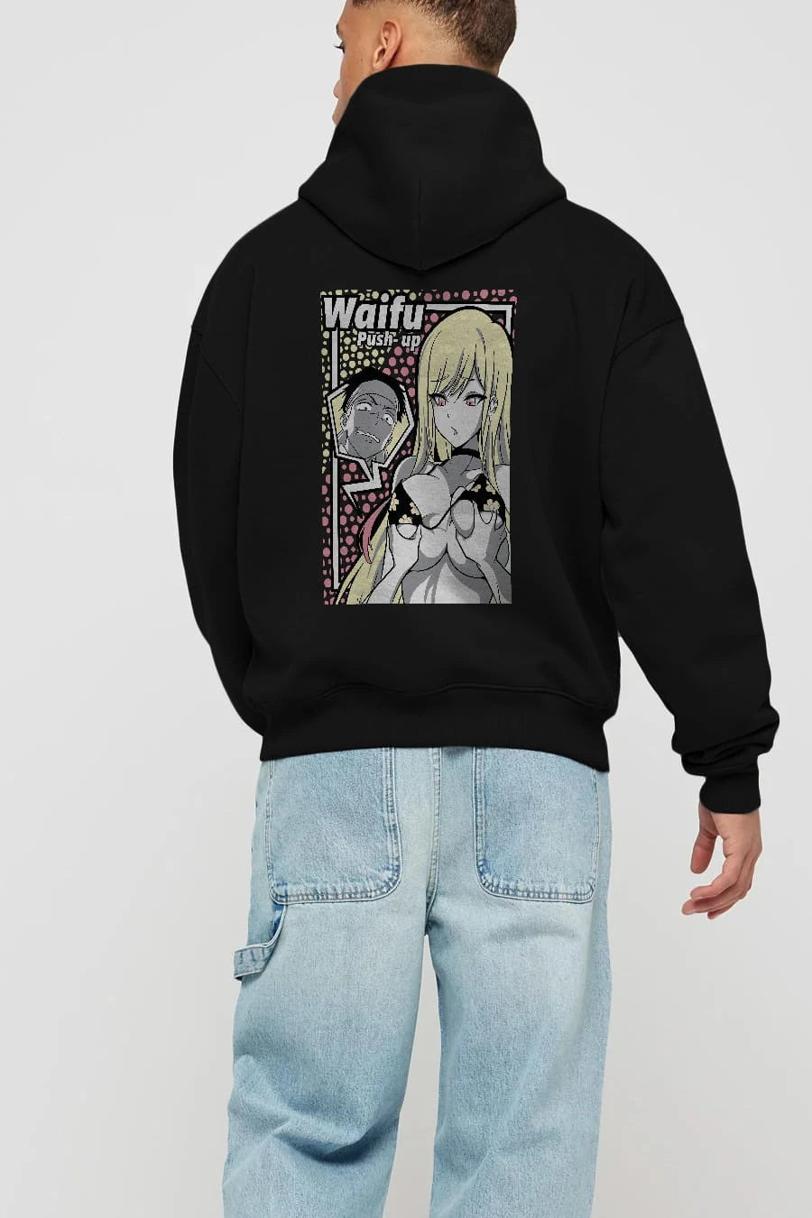Waifu PushUp Anime Arka Baskılı Hoodie Oversize Kapüşonlu Sweatshirt Erkek Kadın Unisex