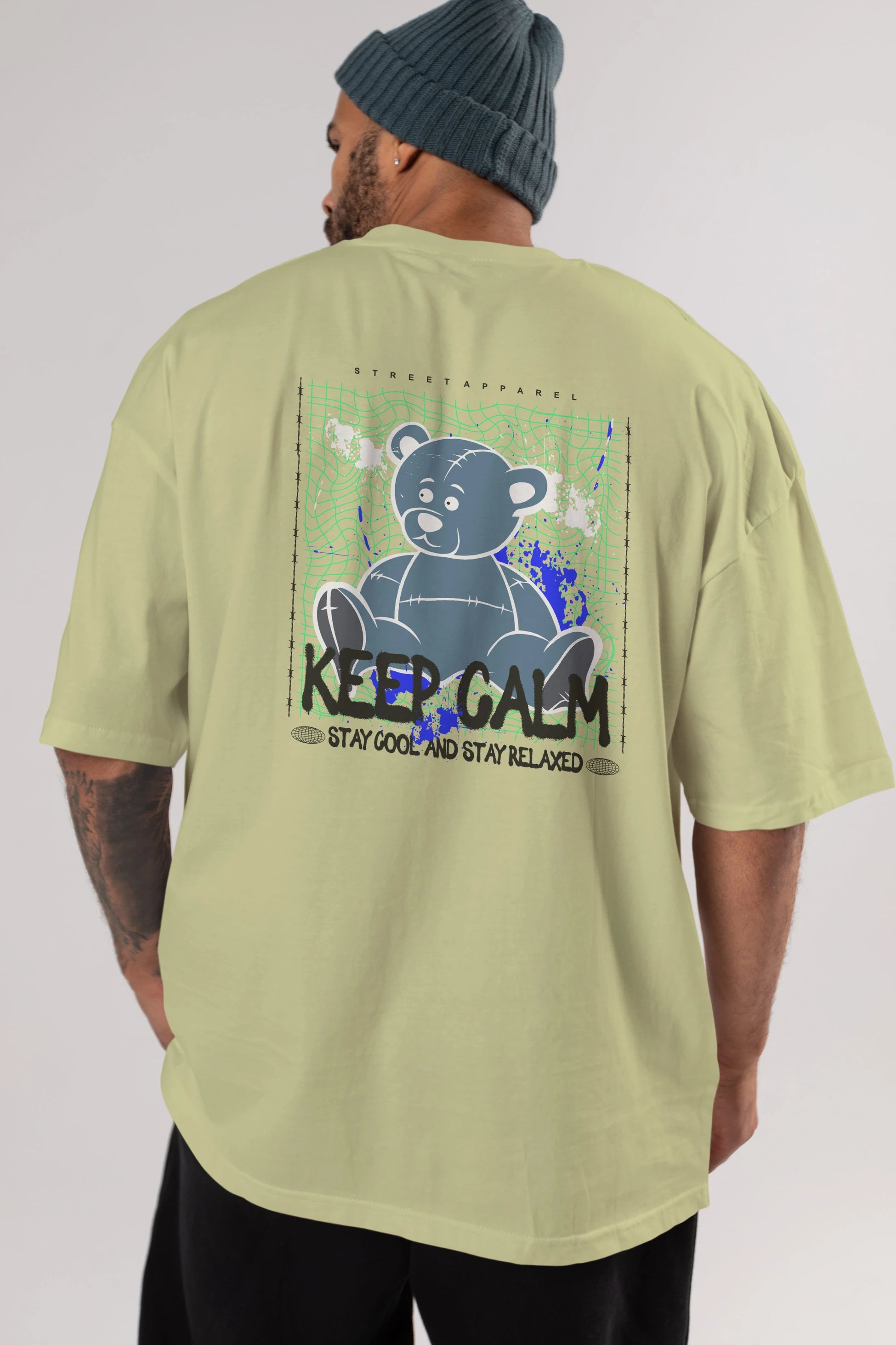 Keep Calm Bear Arka Baskılı Oversize t-shirt Erkek Kadın Unisex