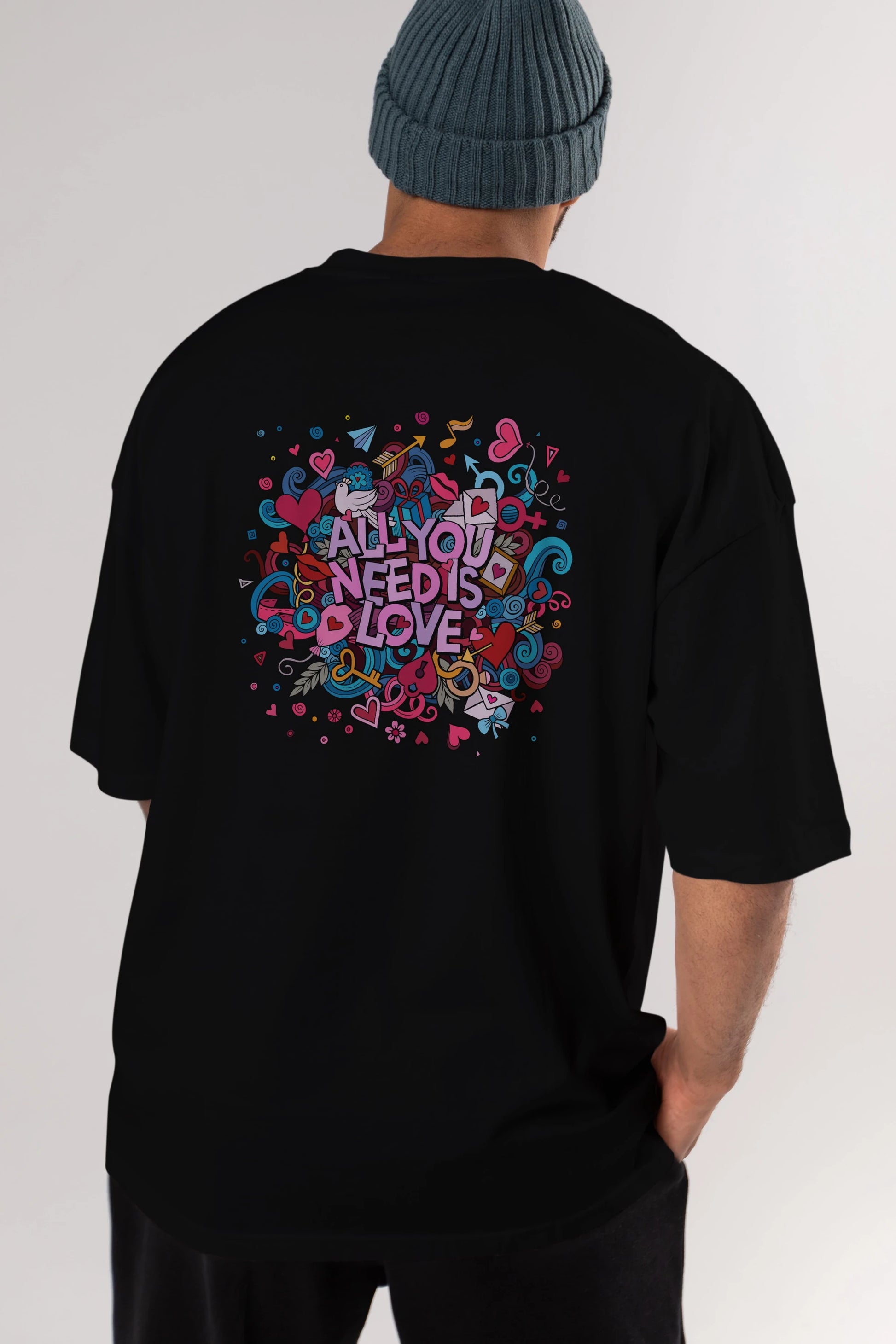 Cute Fun Colorful Heart Art Love Arka Baskılı Oversize t-shirt Erkek Kadın Unisex