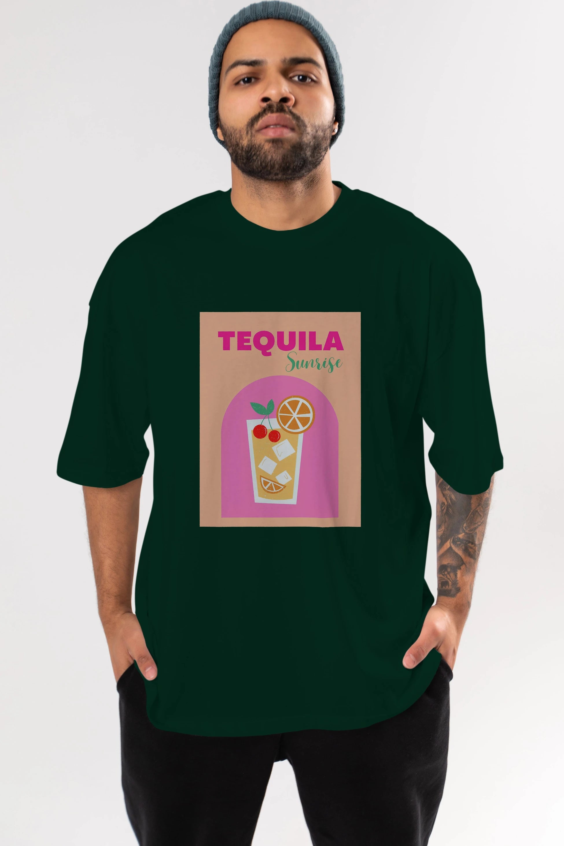 Tequila Sunrise 2 Ön Baskılı Oversize t-shirt Erkek Kadın Unisex %100 Pamuk Bisiklet Yaka tişort