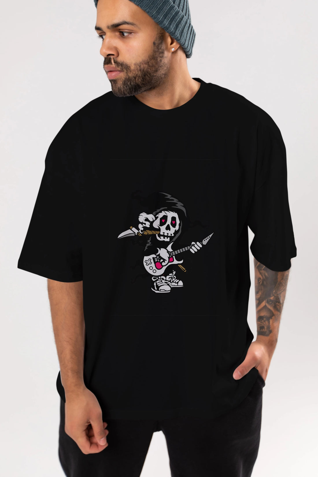 Grim Rockstar Ön Baskılı Oversize t-shirt Erkek Kadın Unisex %100 Pamuk tişort