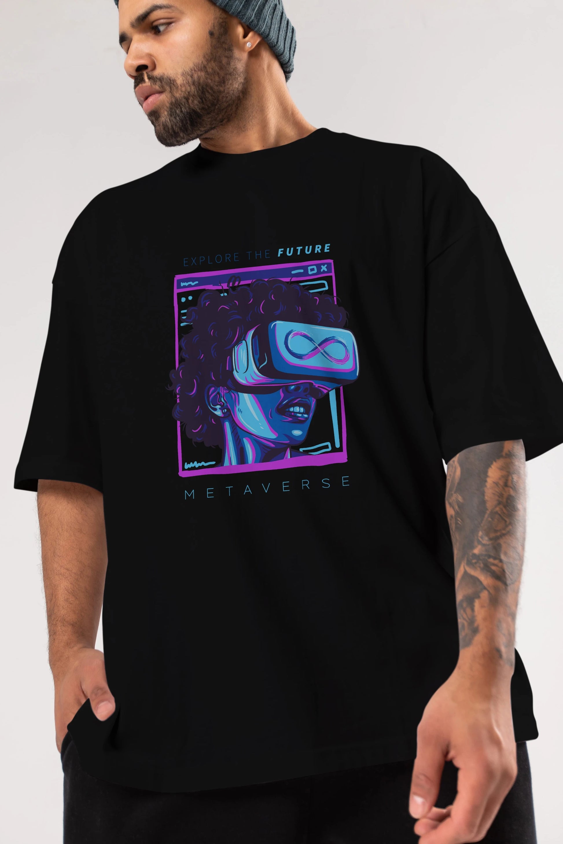 Metaverse Ön Baskılı Oversize t-shirt Erkek Kadın Unisex