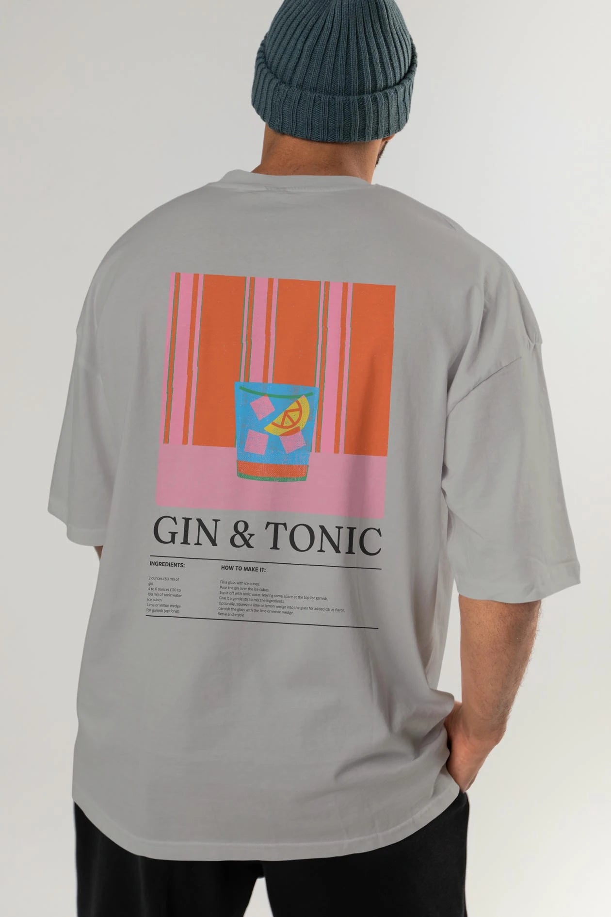 Gin Tonic Kokteyl Serisi Arka Baskılı Oversize t-shirt Erkek Kadın %100 Pamuk Bisiklet Yaka tişort