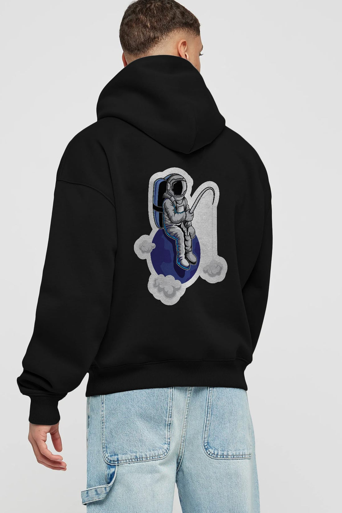 Astronaut Fishing Sticker Arka Baskılı Hoodie Oversize Kapüşonlu Sweatshirt Erkek Kadın Unisex