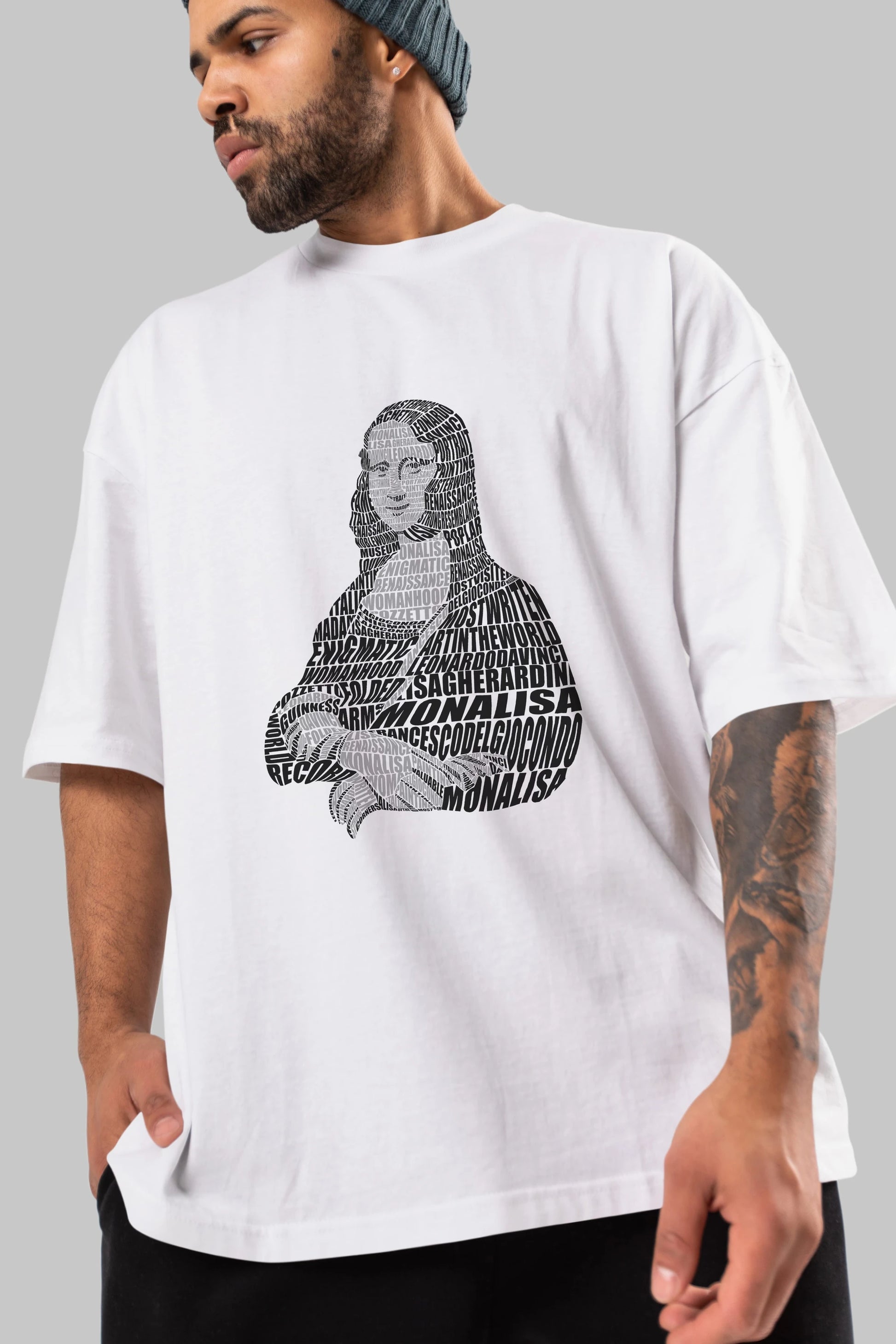 Mona Lisa Calligram Ön Baskılı Oversize t-shirt %100 pamuk Erkek Kadın Unisex