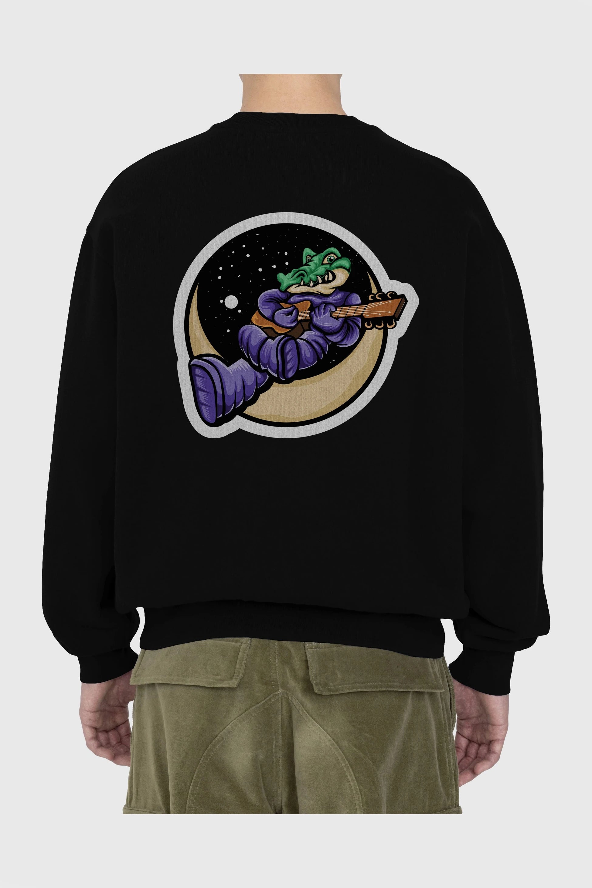 Space Crocodile Sticker Arka Baskılı Oversize Sweatshirt Erkek Kadın Unisex