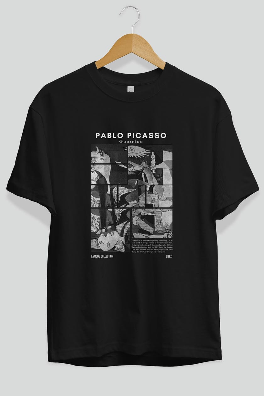Pablo Picasso Guernica ön Baskılı Oversize t-shirt Erkek Kadın Bisiklet Yaka Pamuk tişort