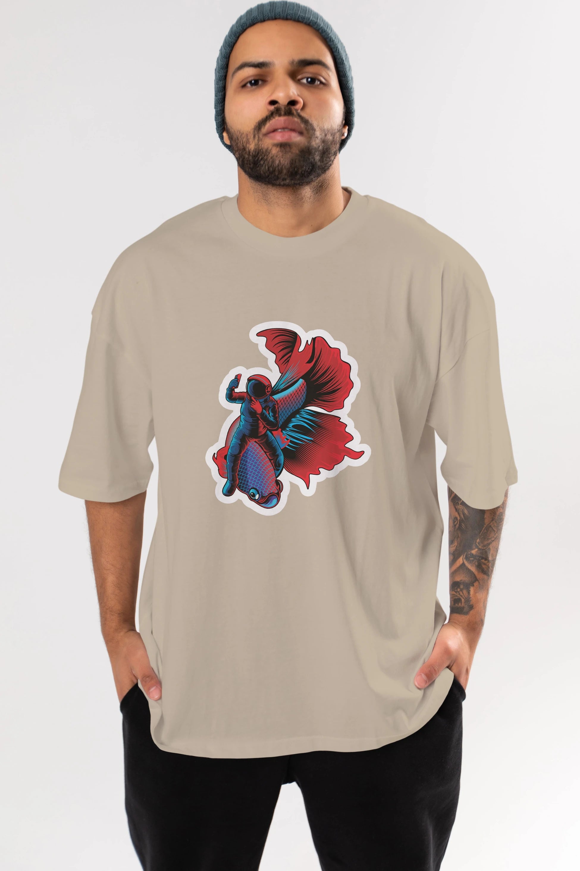 Astrofish selfie sticker Ön Baskılı Oversize t-shirt Erkek Kadın Unisex