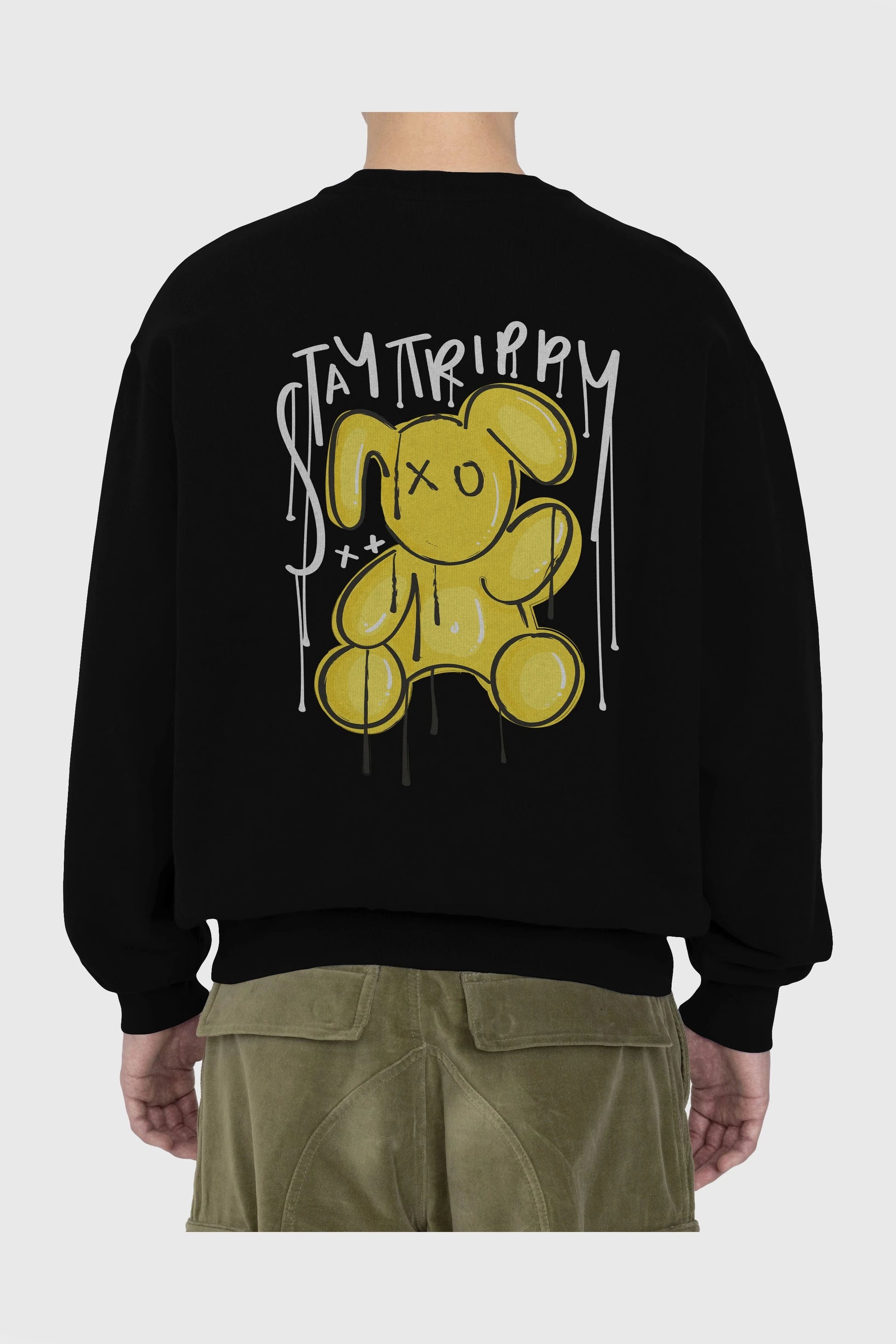 Stay Trippy Bear Arka Baskılı Oversize Sweatshirt Erkek Kadın Unisex