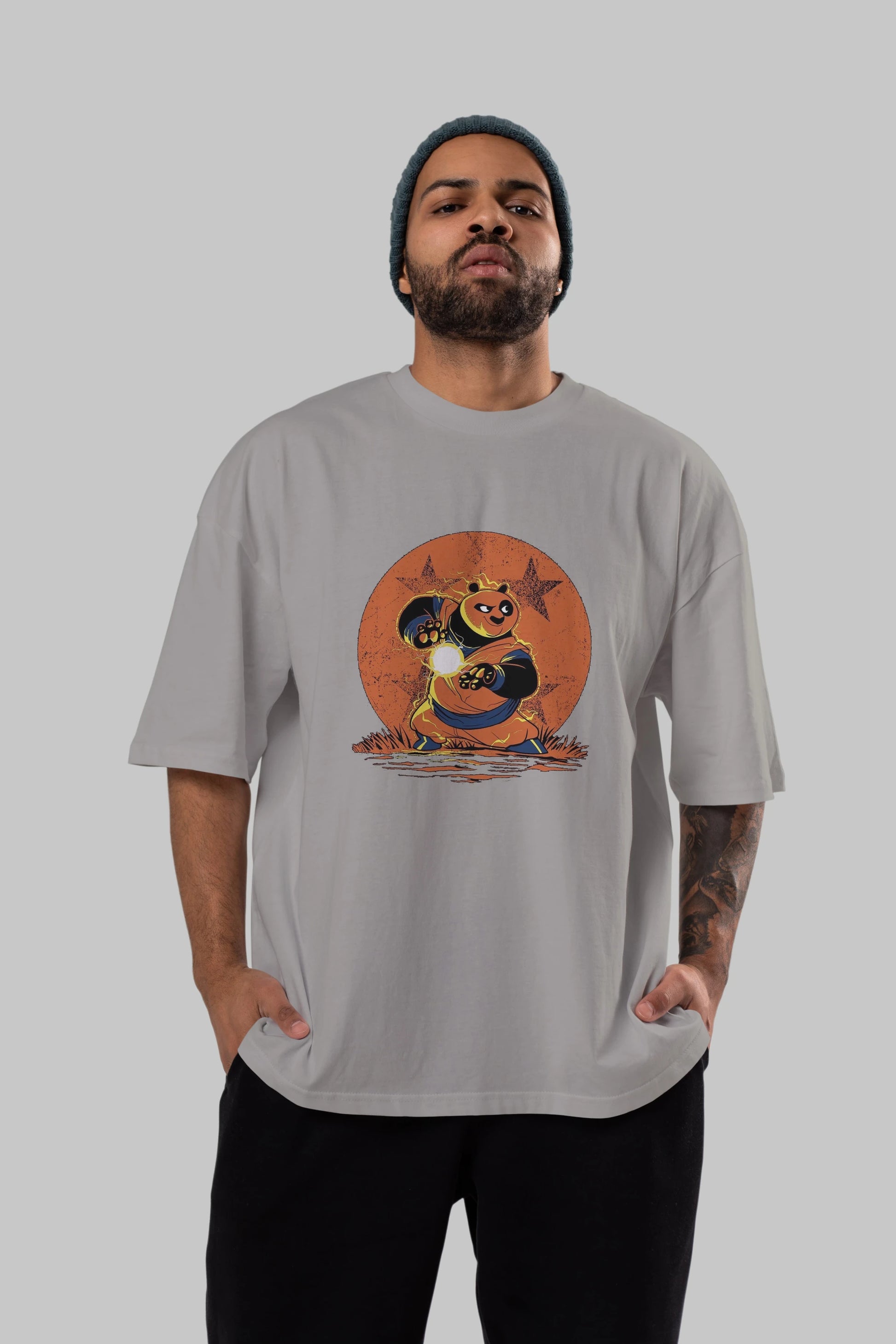 Kung Fu Panda Ön Baskılı Oversize t-shirt Erkek Kadın Unisex %100 Pamuk Bisiklet Yaka tişort