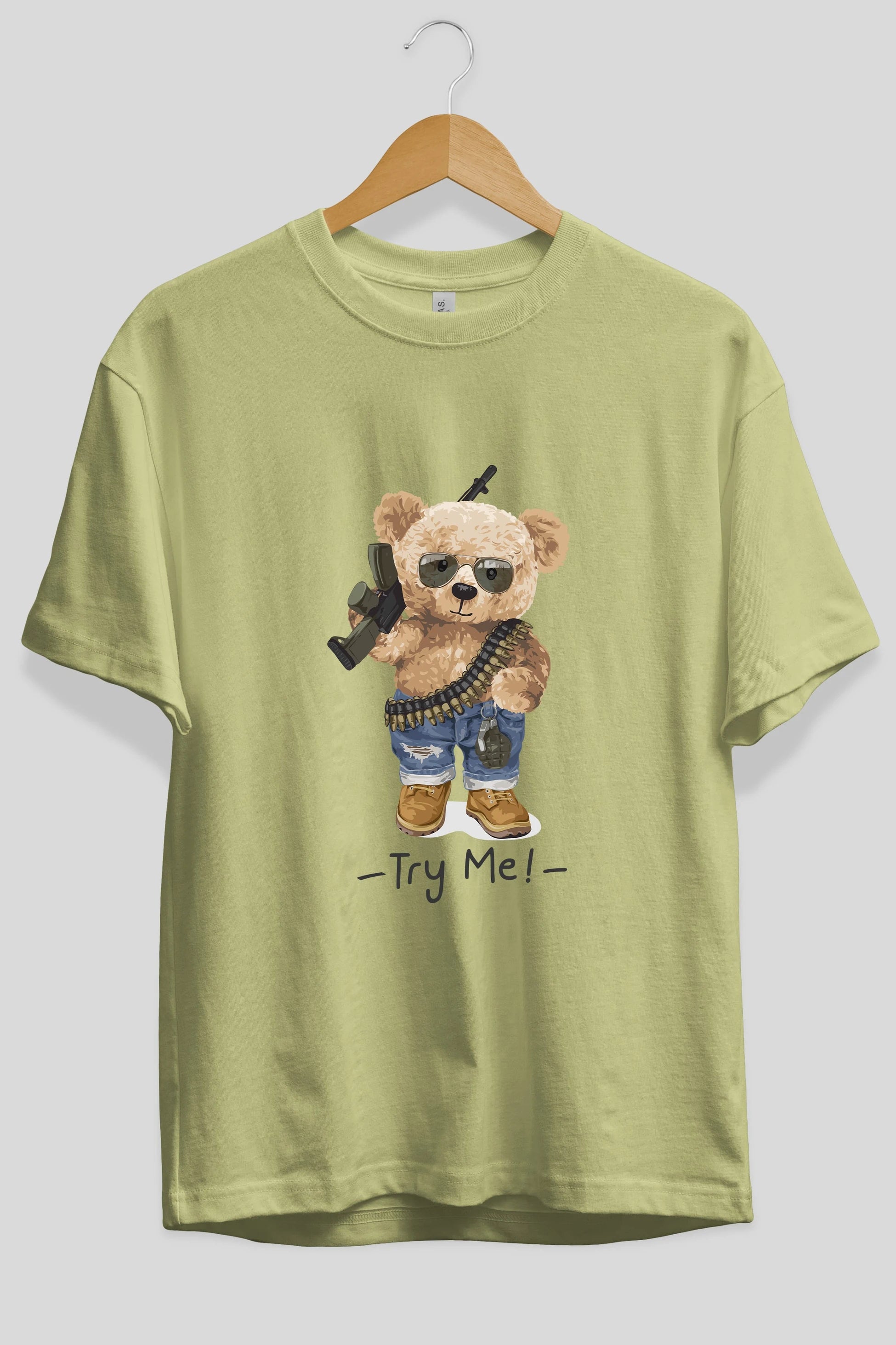 Teddy Bear Try Me Ön Baskılı Oversize t-shirt Erkek Kadın Unisex %100 Pamuk