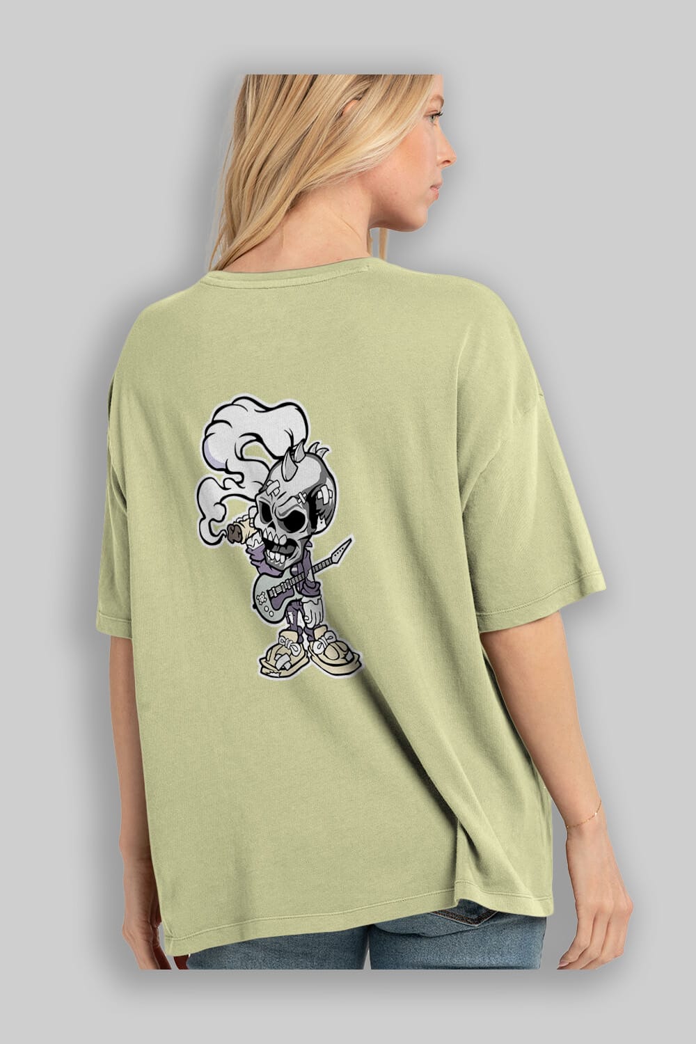 Skull Smoker Punk Rocker Arka Baskılı Oversize t-shirt Erkek Kadın Unisex %100 Pamuk tişort