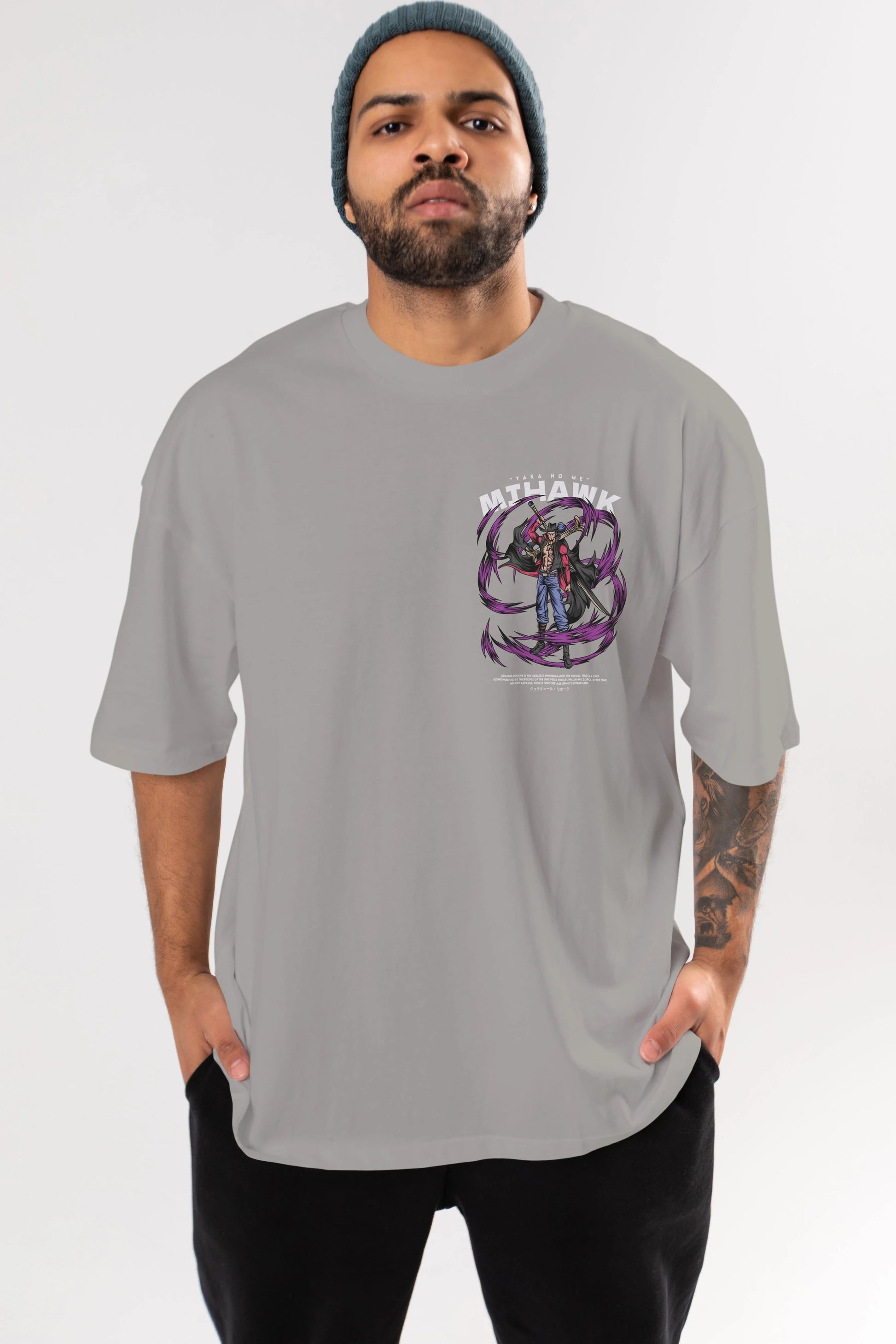 Mihawk Ön Sol Baskılı Oversize t-shirt Erkek Kadın Unisex %100 Pamuk Bisiklet Yaka tişort