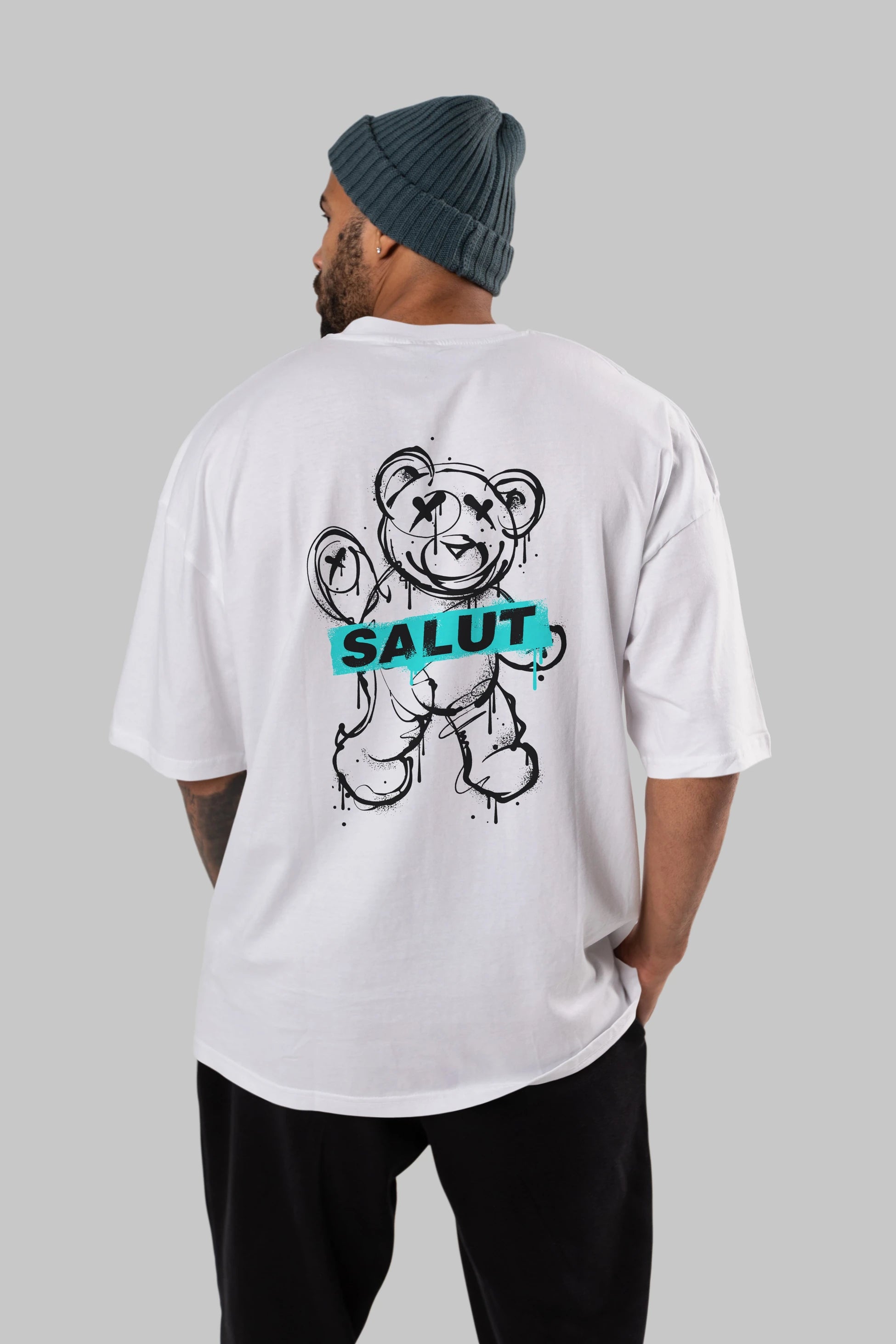 Teddy Bear Salut Arka Baskılı Oversize t-shirt Erkek Kadın Unisex
