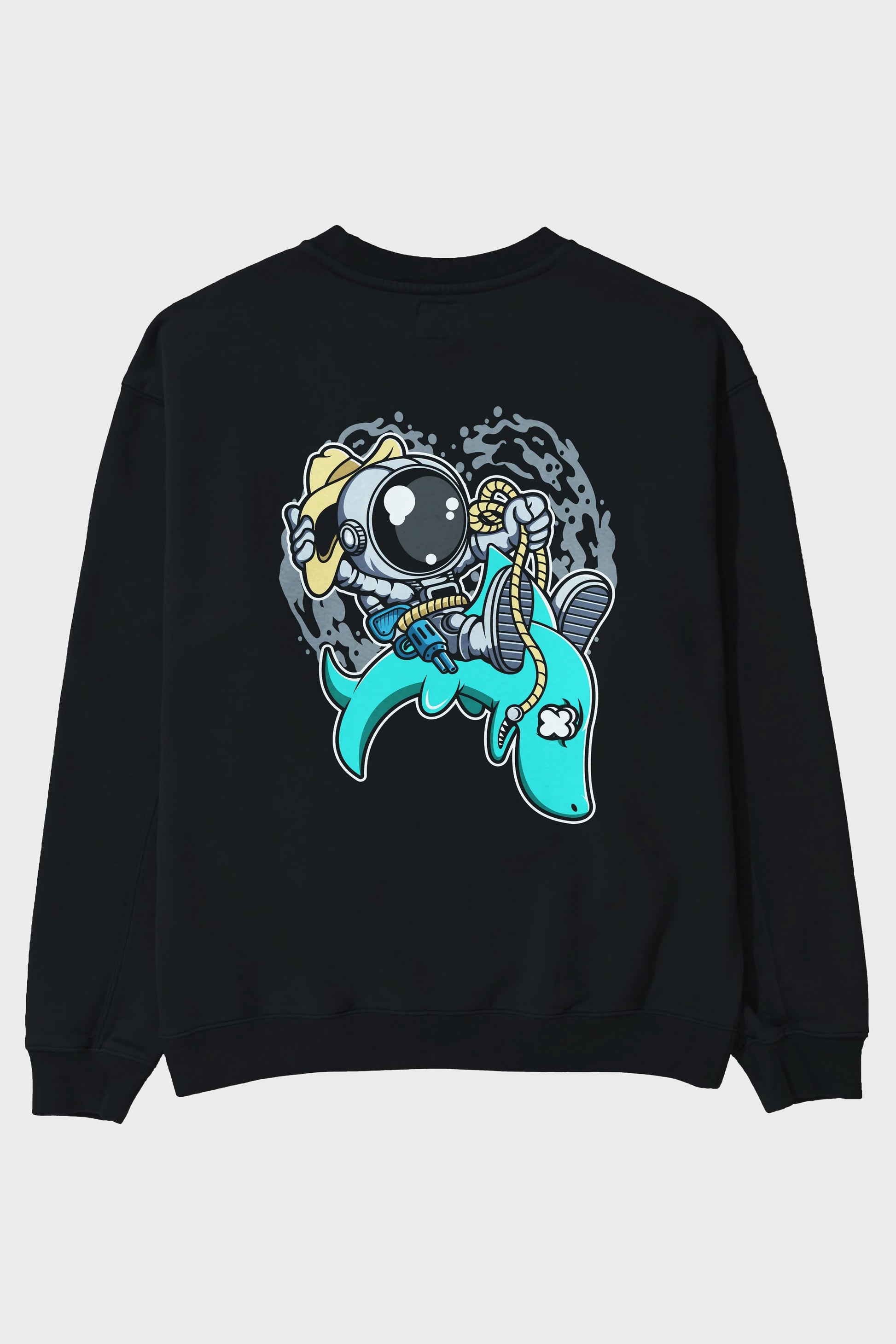 Astronaut Riding Shark Arka Baskılı Oversize Sweatshirt Erkek Kadın Unisex