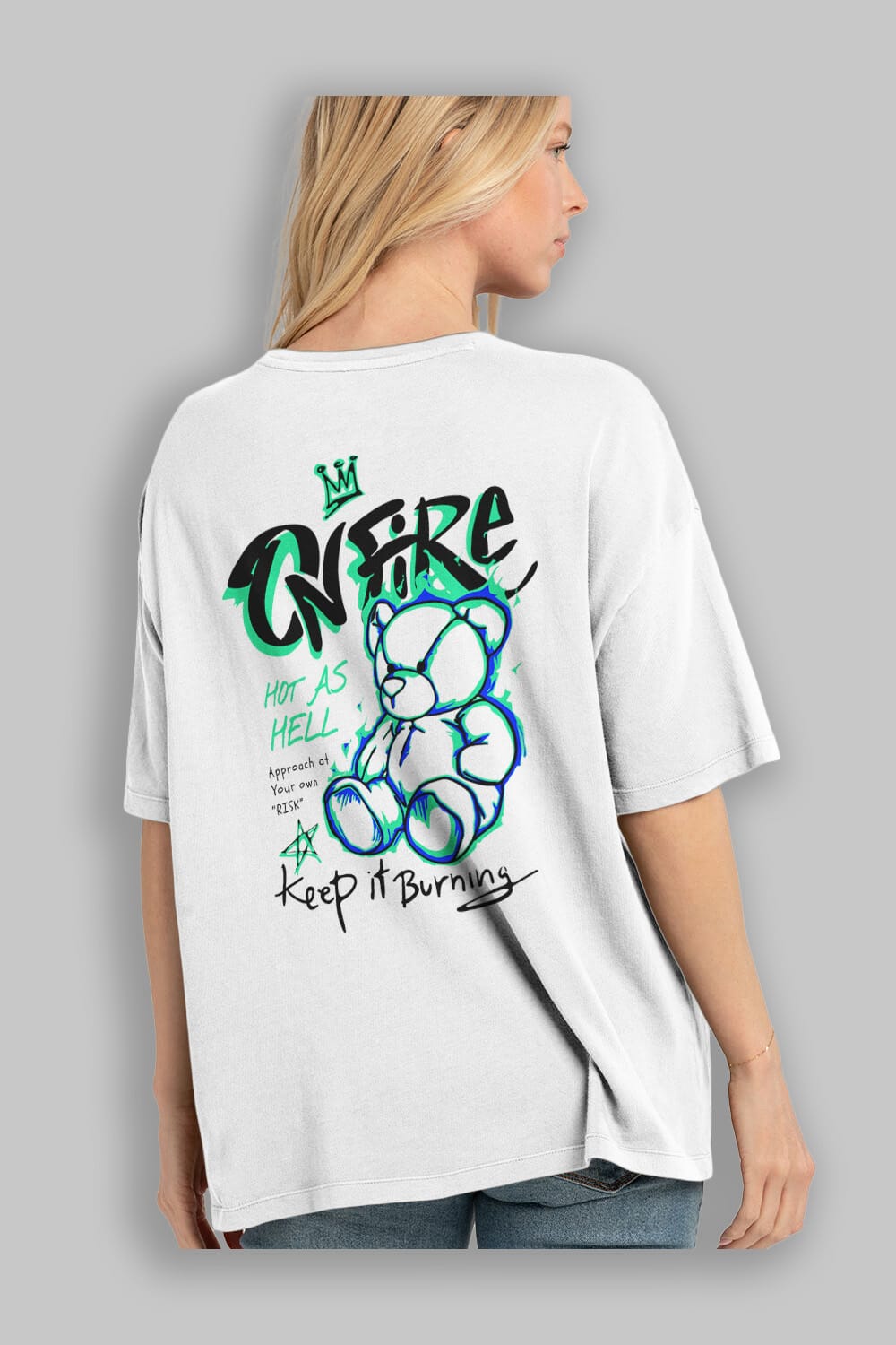 On Fire Bear Arka Baskılı Oversize t-shirt Erkek Kadın Unisex