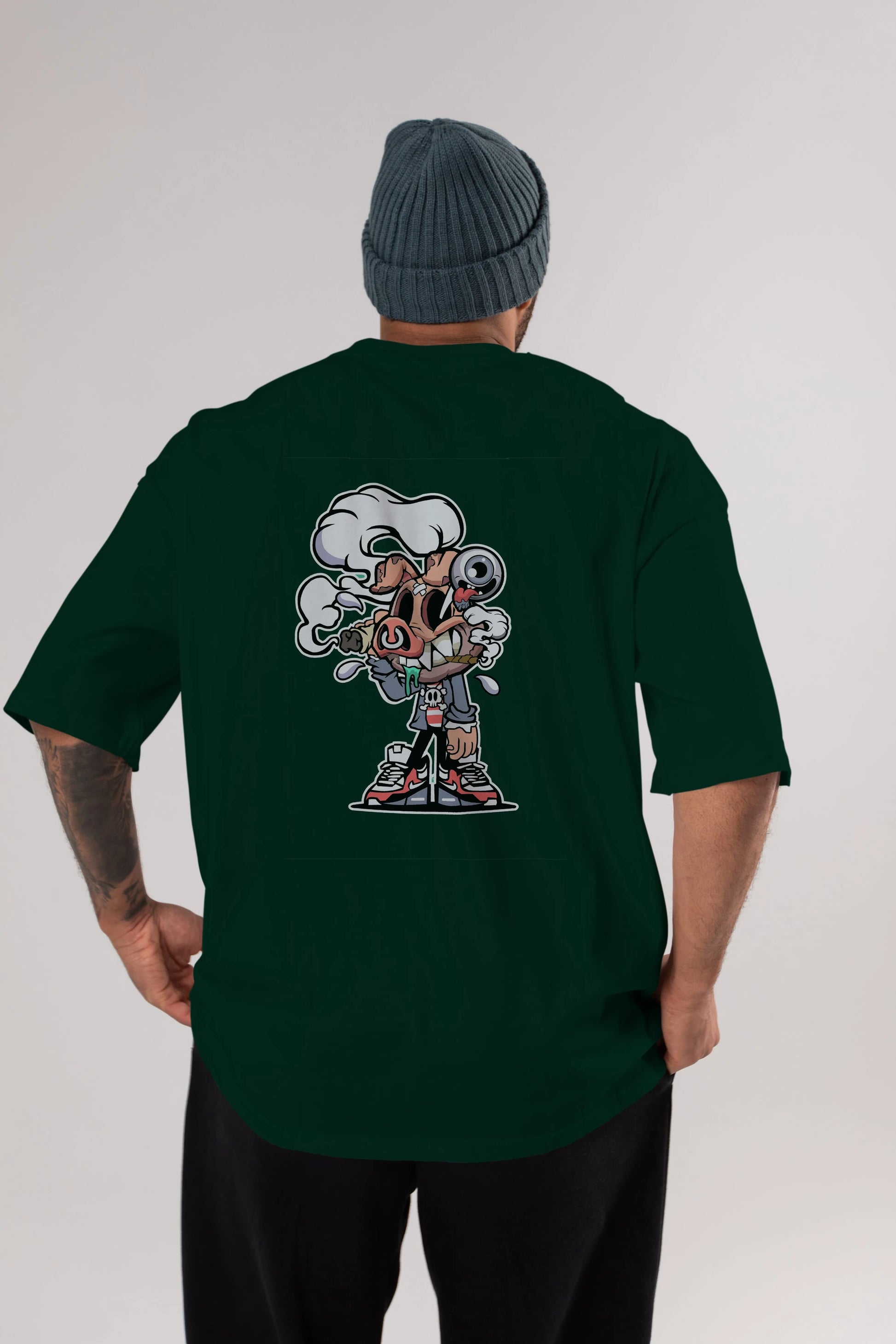 Pig Smoker Arka Baskılı Oversize t-shirt Erkek Kadın Unisex %100 Pamuk tişort