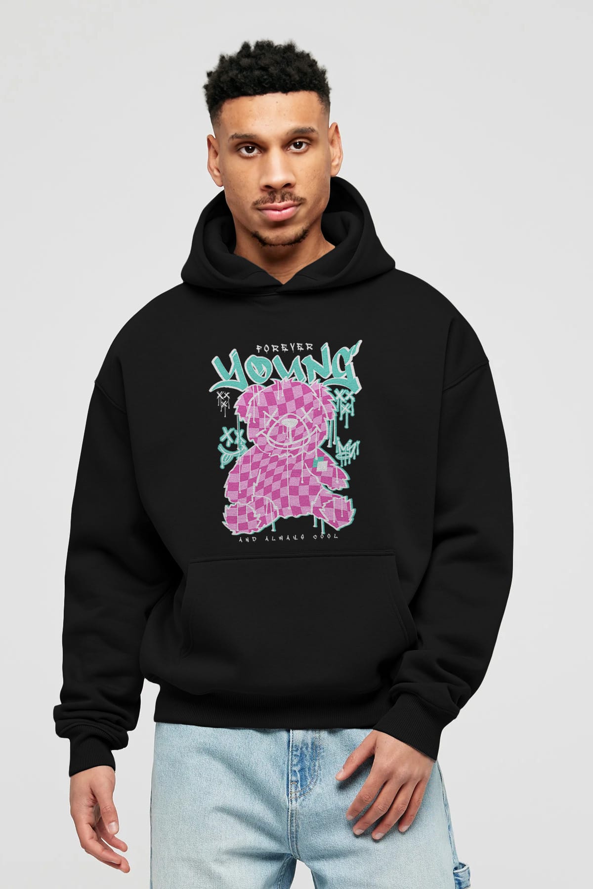 Young and Always Cool Bear Ön Baskılı Hoodie Oversize Kapüşonlu Sweatshirt Erkek Kadın Unisex