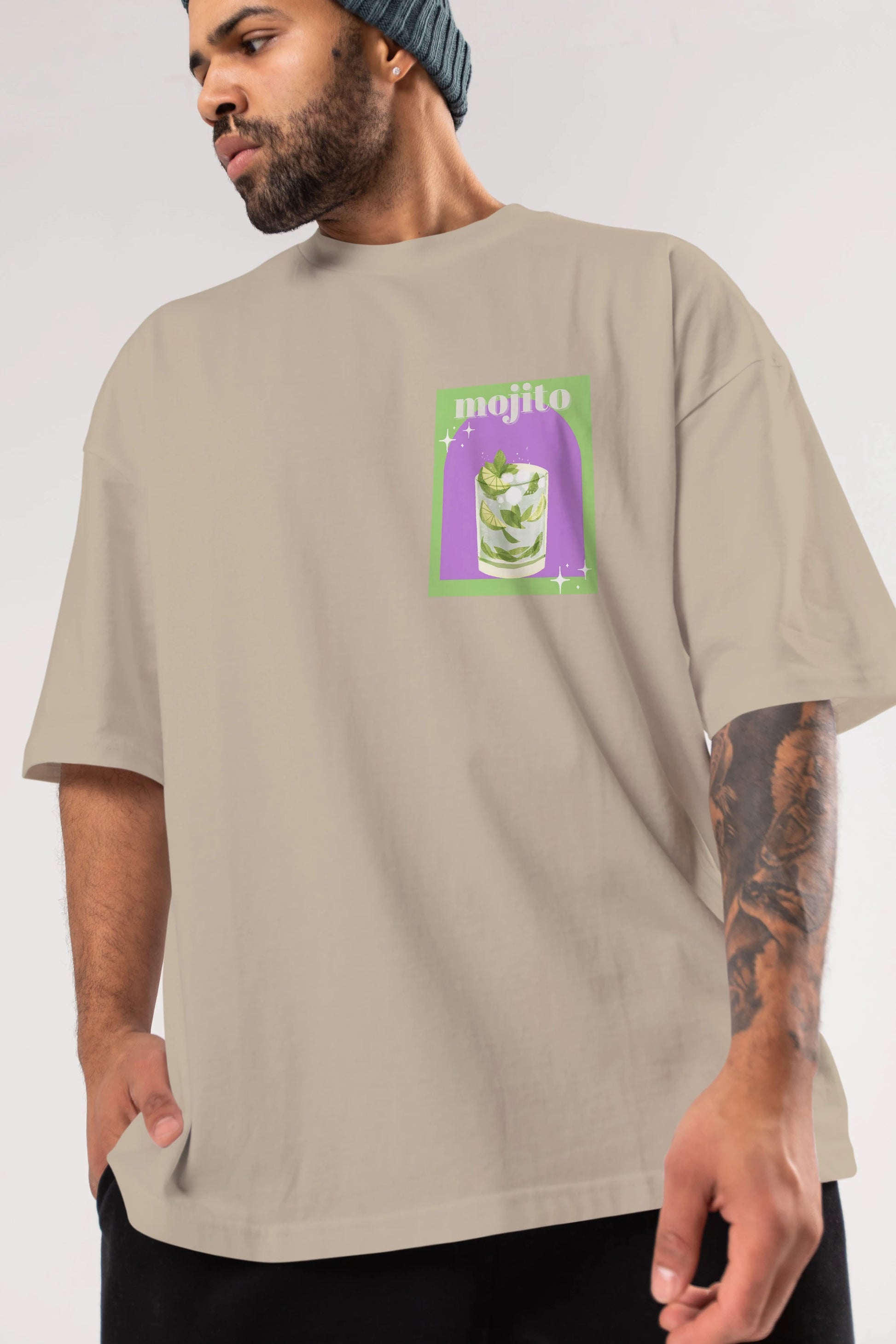 Mojito 3 Ön Sol Baskılı Oversize t-shirt Erkek Kadın Unisex %100 Pamuk Bisiklet Yaka tişort
