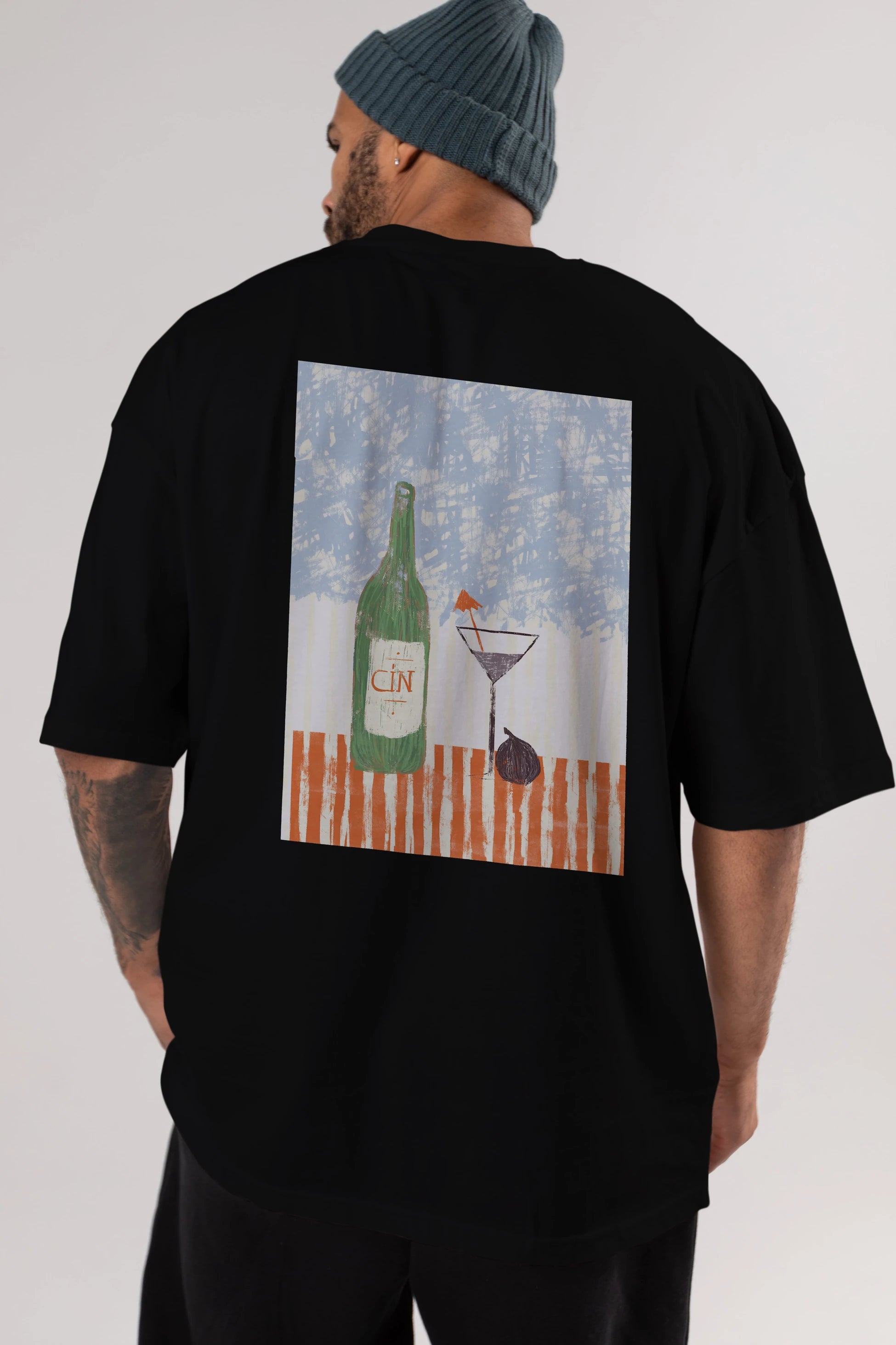 Gin Arka Baskılı Oversize t-shirt Erkek Kadın Unisex %100 Pamuk Bisiklet Yaka tişort