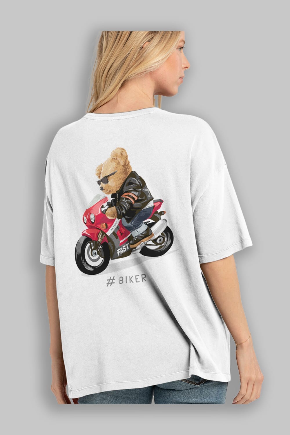 Teddy Bear Biker Arka Baskılı Oversize t-shirt Erkek Kadın Unisex %100 Pamuk