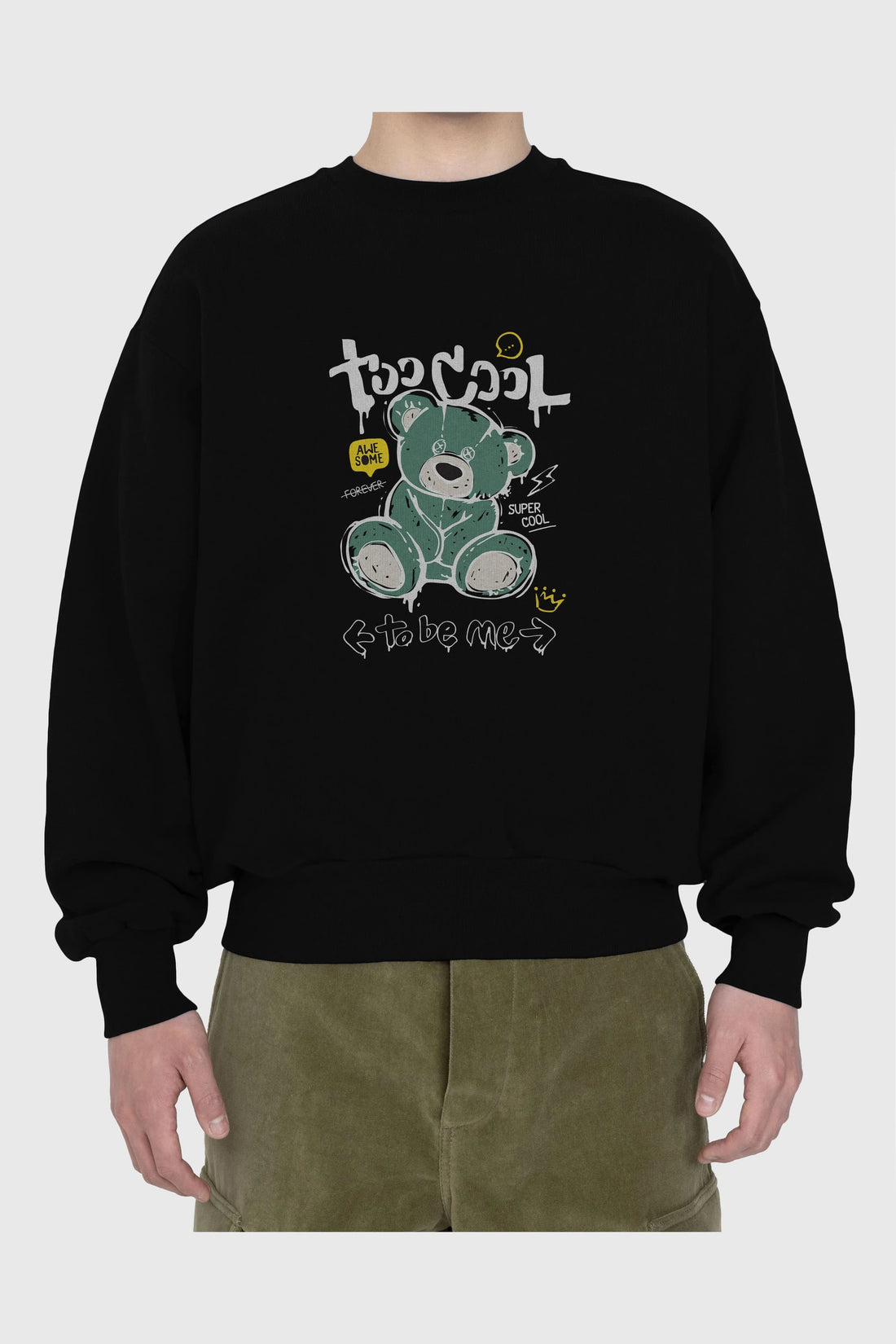 Too Cool Bear Ön Baskılı Oversize Sweatshirt Erkek Kadın Unisex