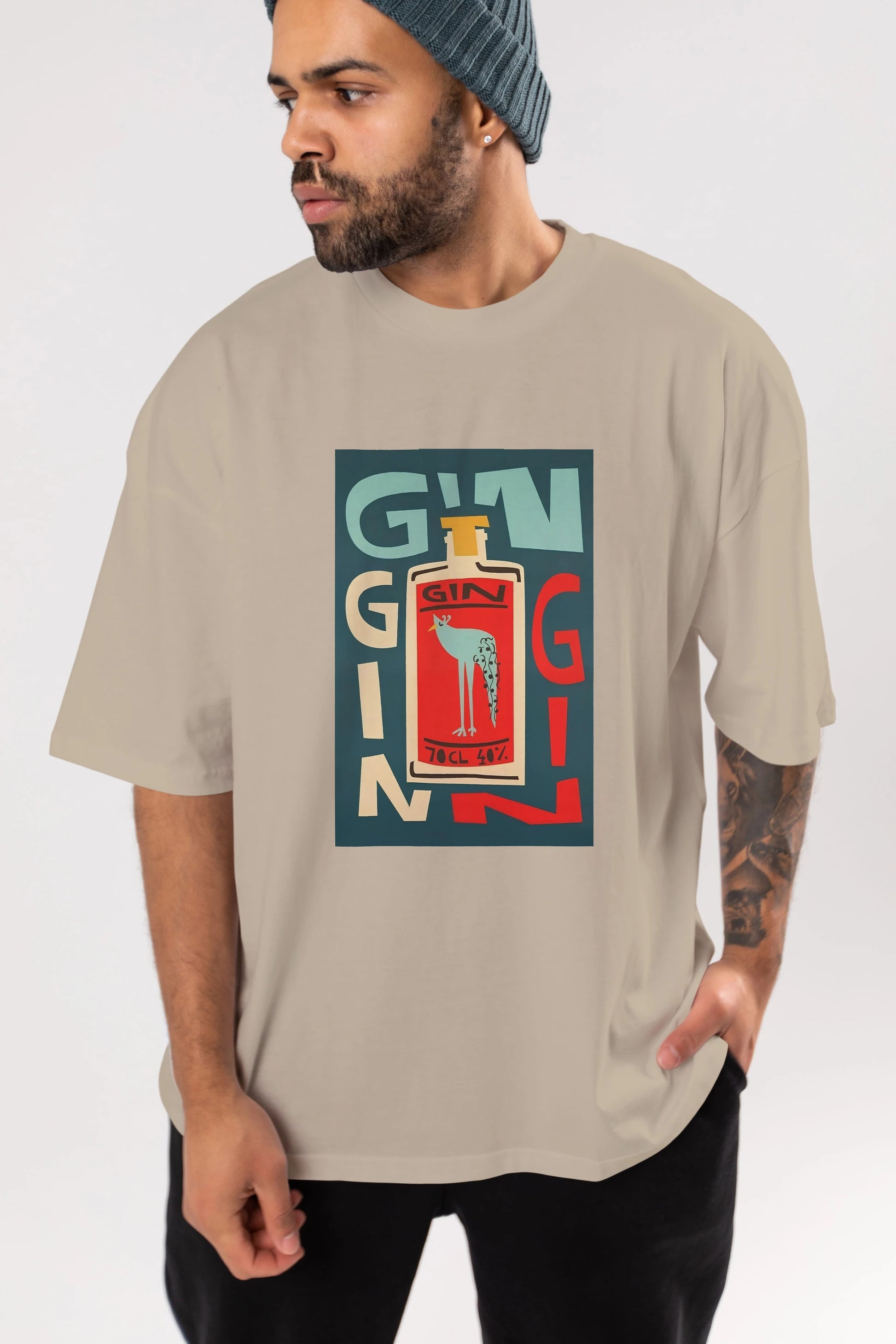 Gin 2 Ön Baskılı Oversize t-shirt Erkek Kadın Unisex %100 Pamuk Bisiklet Yaka tişort
