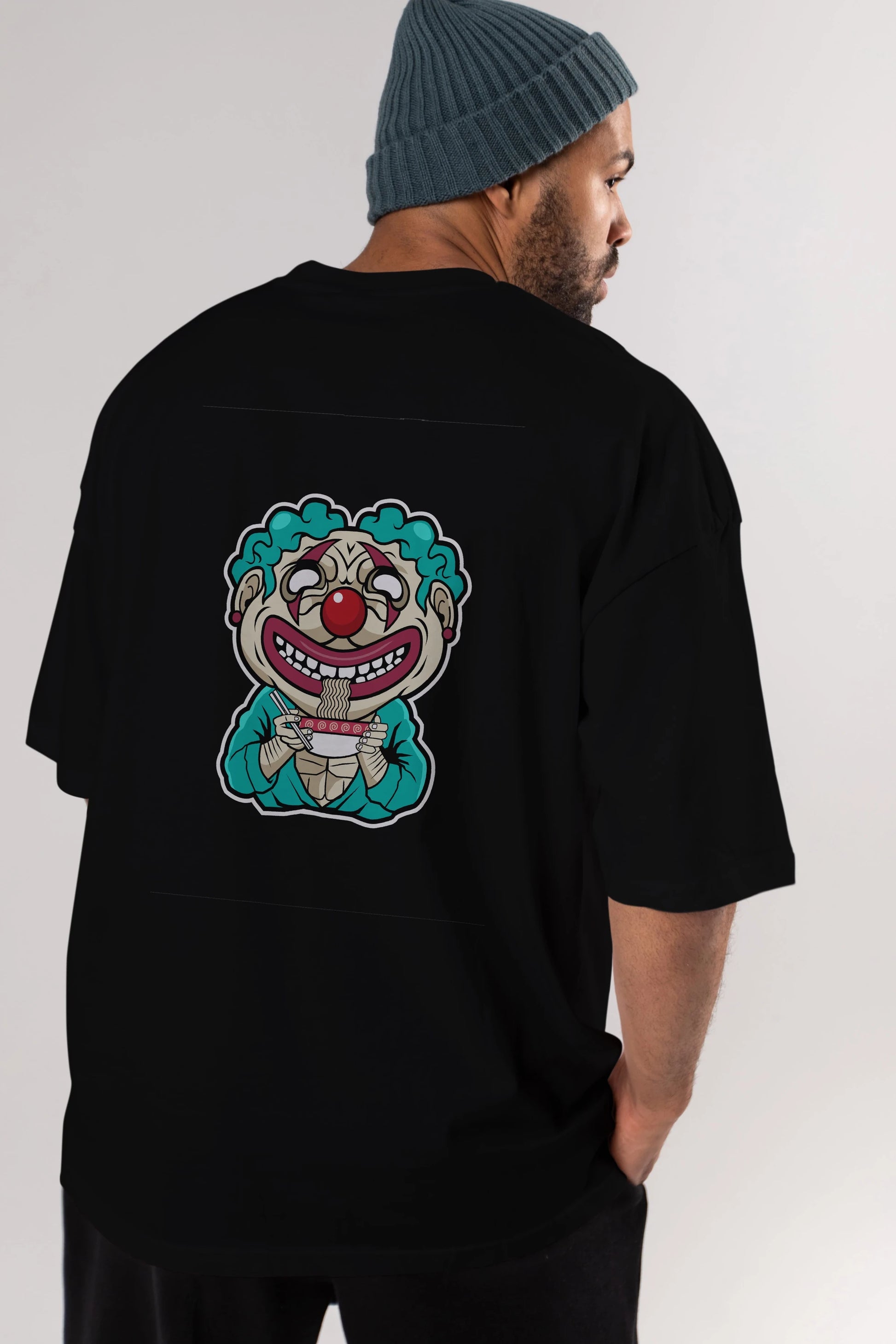 Clown Ramen Arka Baskılı Oversize t-shirt Erkek Kadın Unisex %100 Pamuk tişort