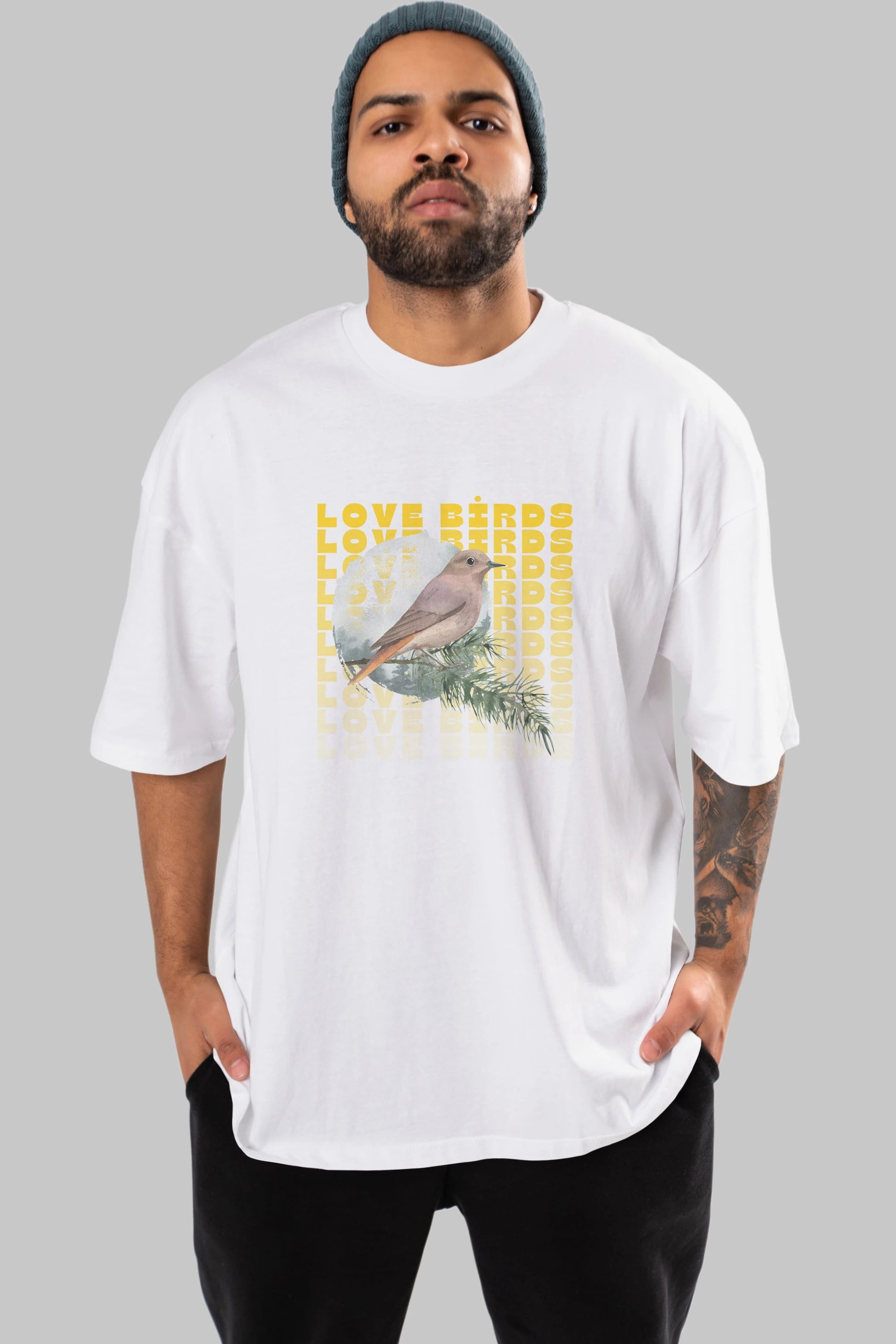 Love Birds Yazılı Ön Baskılı Oversize t-shirt Erkek Kadın Unisex