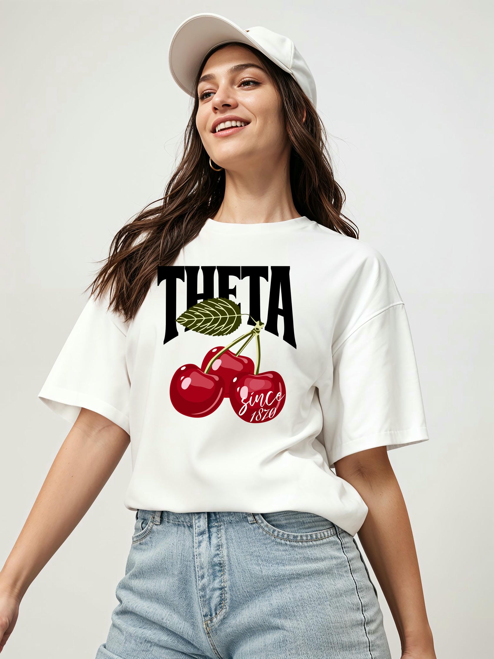 Theta Cherry Cherries Ön Baskılı Oversize t-shirt Erkek Kadın Pamuk Bisiklet Yaka tişort