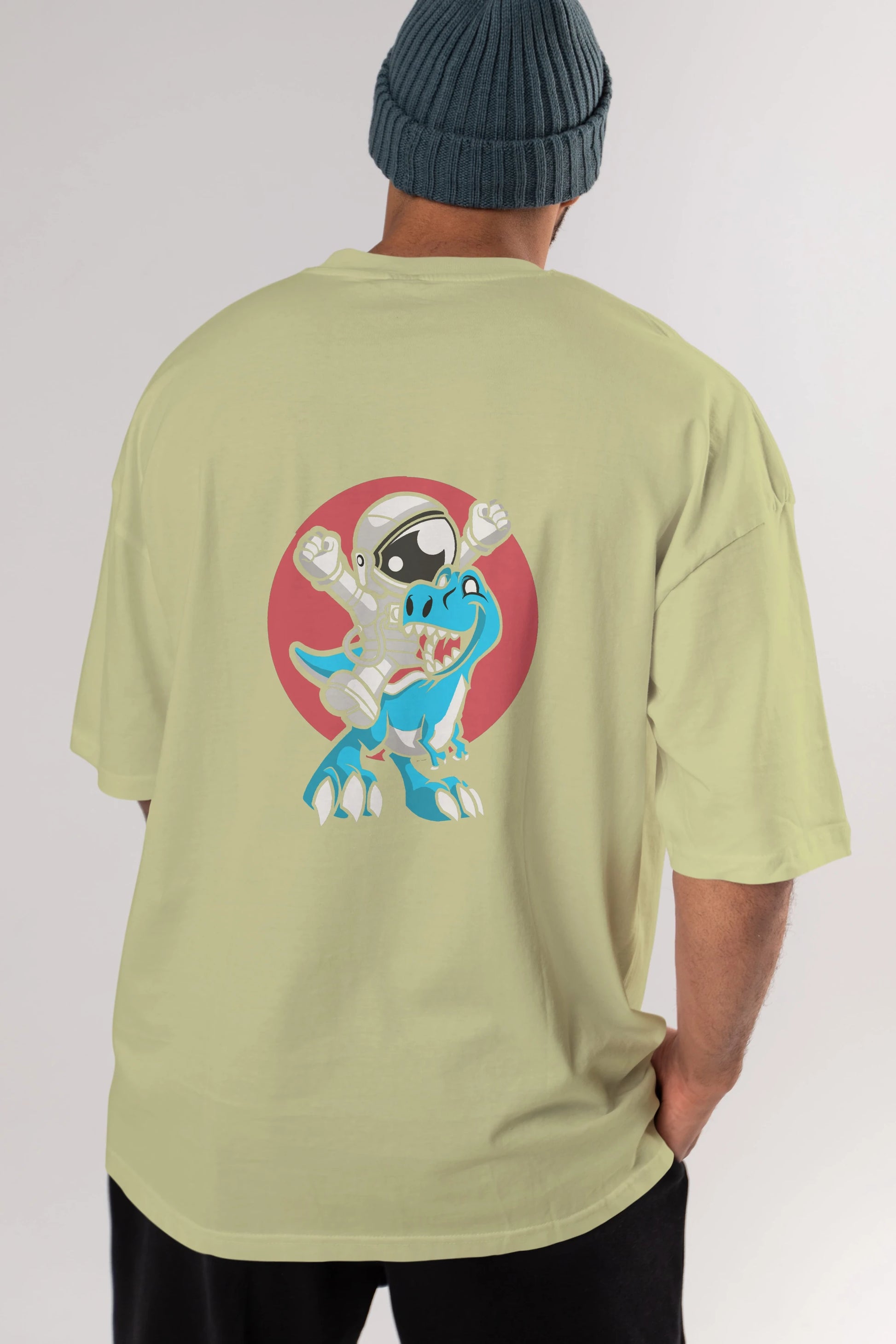 Astronaut Dino Arka Baskılı Oversize t-shirt Erkek Kadın Unisex %100 Pamuk tişort