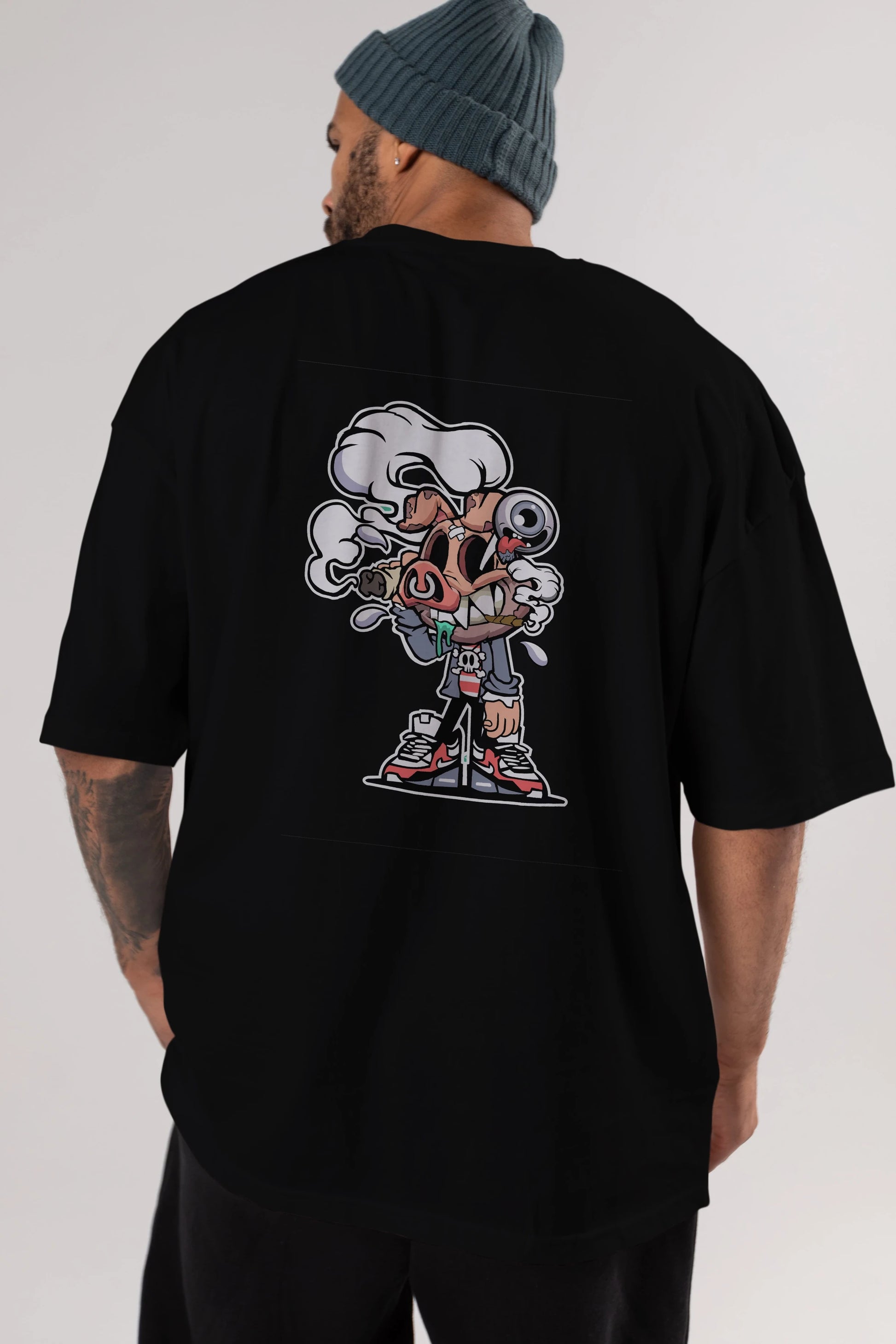 Pig Smoker Arka Baskılı Oversize t-shirt Erkek Kadın Unisex %100 Pamuk tişort